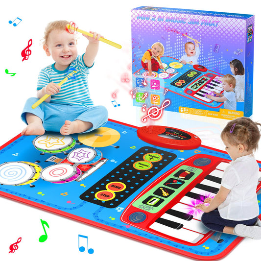 2-in-1 Musical Mat Toy – Piano Keyboard & Drum Set with Sticks, Educational Learning Toy for Boys & Girls Ages 1–5, Blue