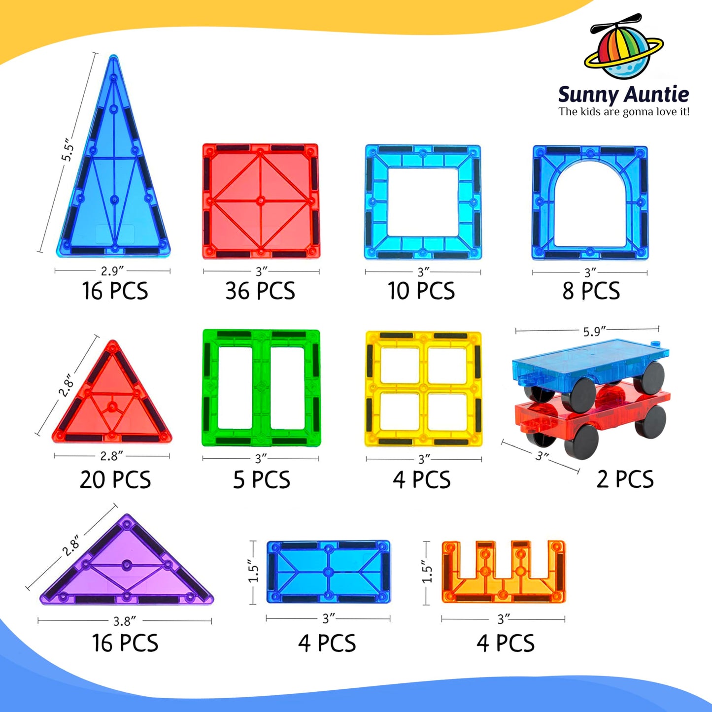 SUNNY AUNTIE Magnetic Tiles 125pcs XL Set + Bonus Zippered Case – Building Toy for Kids Ages 3-8, Educational STEM Gift for Boys & Girls