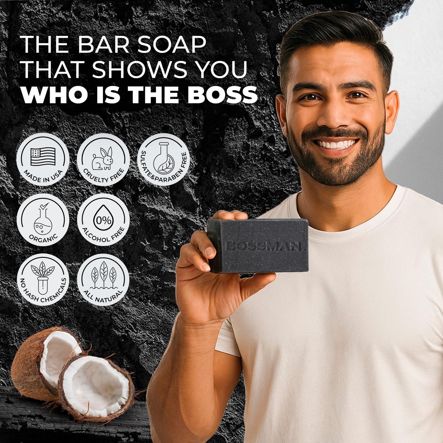 Bossman 3-Pack 4-in-1 Charcoal Soap Bar (4 oz) - Bar Soap for Men - All-Natural Beard Wash, Shampoo, Body Wash & Shaving Solution - Lavender