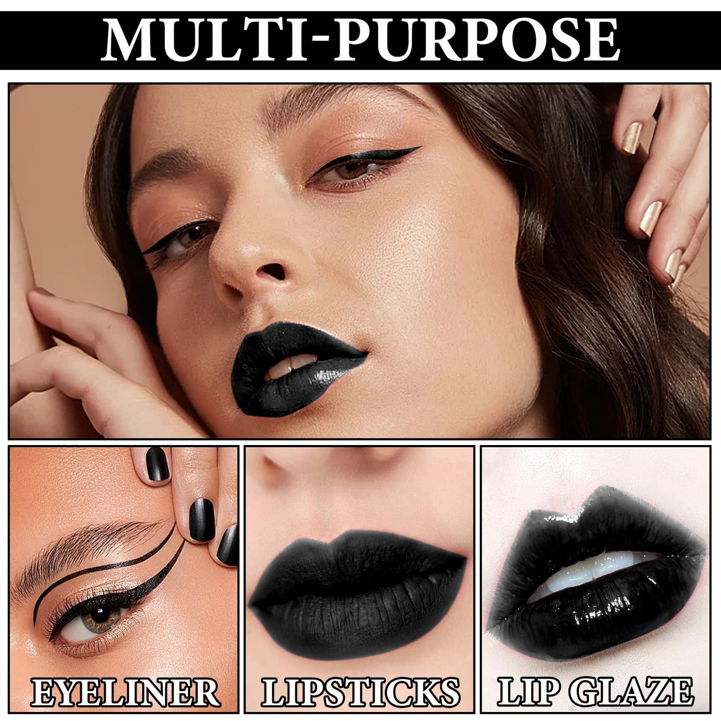Black Matte Liquid Lipstick,3 in 1 Black Lip Liner and Lipstick Set,Matte Lip Gloss Long Lasting Moisturizing Velvet Lipgloss Make Up Gift Set Cosplay