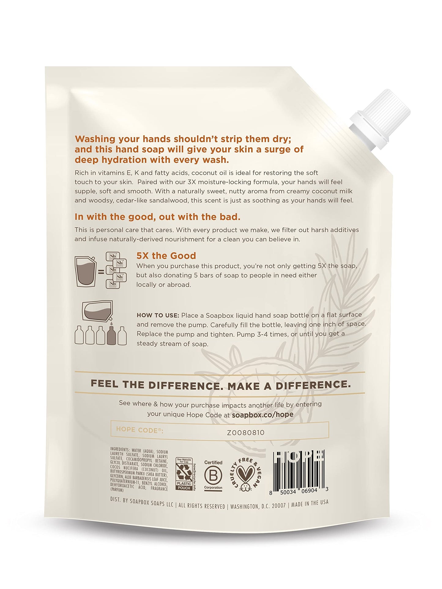 Soapbox Liquid Hand Soap Refill, Coconut Milk & Sandalwood, Vegan, Paraben Free, Moisturizing, Natural Hand Wash for Kitchen and Bathroom, 64oz Half