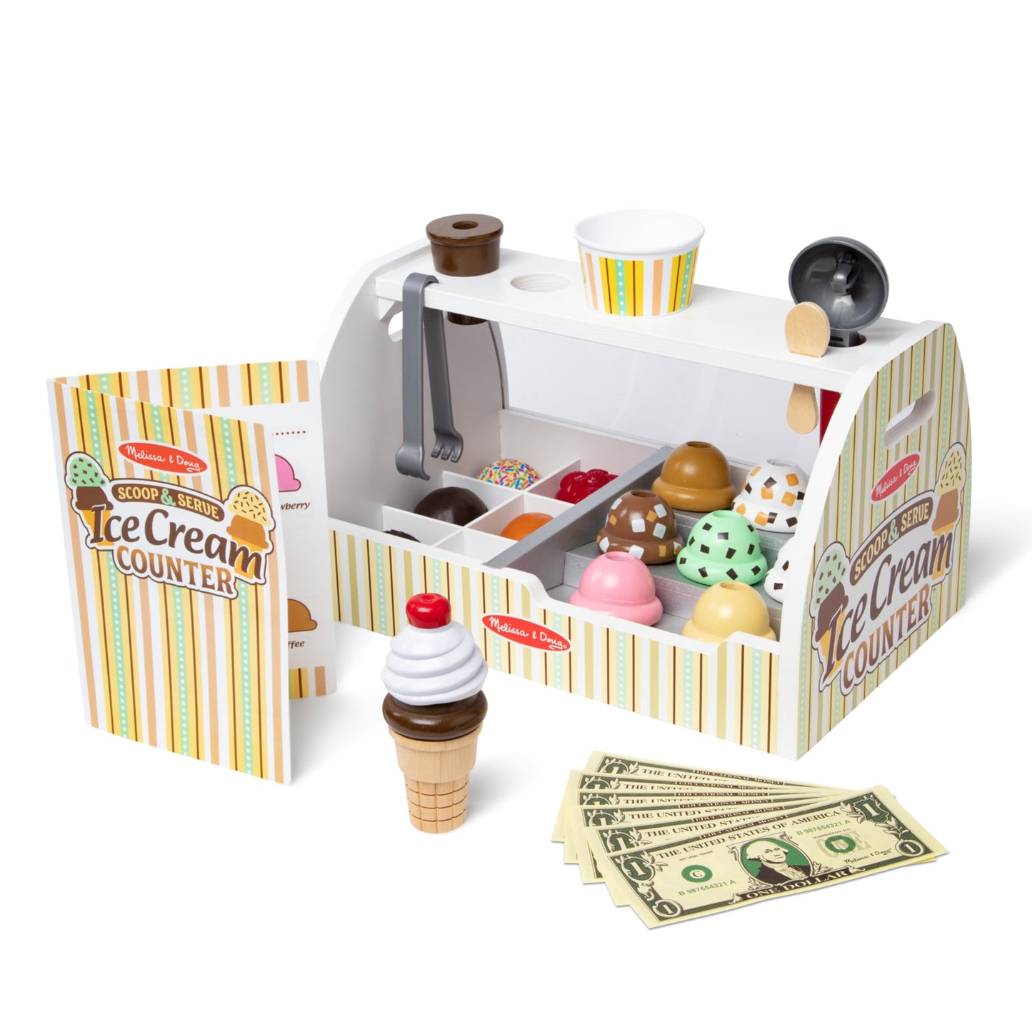 Melissa & Doug Wooden Scoop and Serve Ice Cream Counter (28 pcs) - Play Food and Accessories