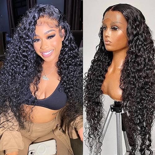 SNJON 13x6 HD Transparent Lace Front Wigs Human Hair 180 Density Curly Lace Front Wigs Water Wave Wigs for Women Wet and Wavy Human Hair Wig Pre