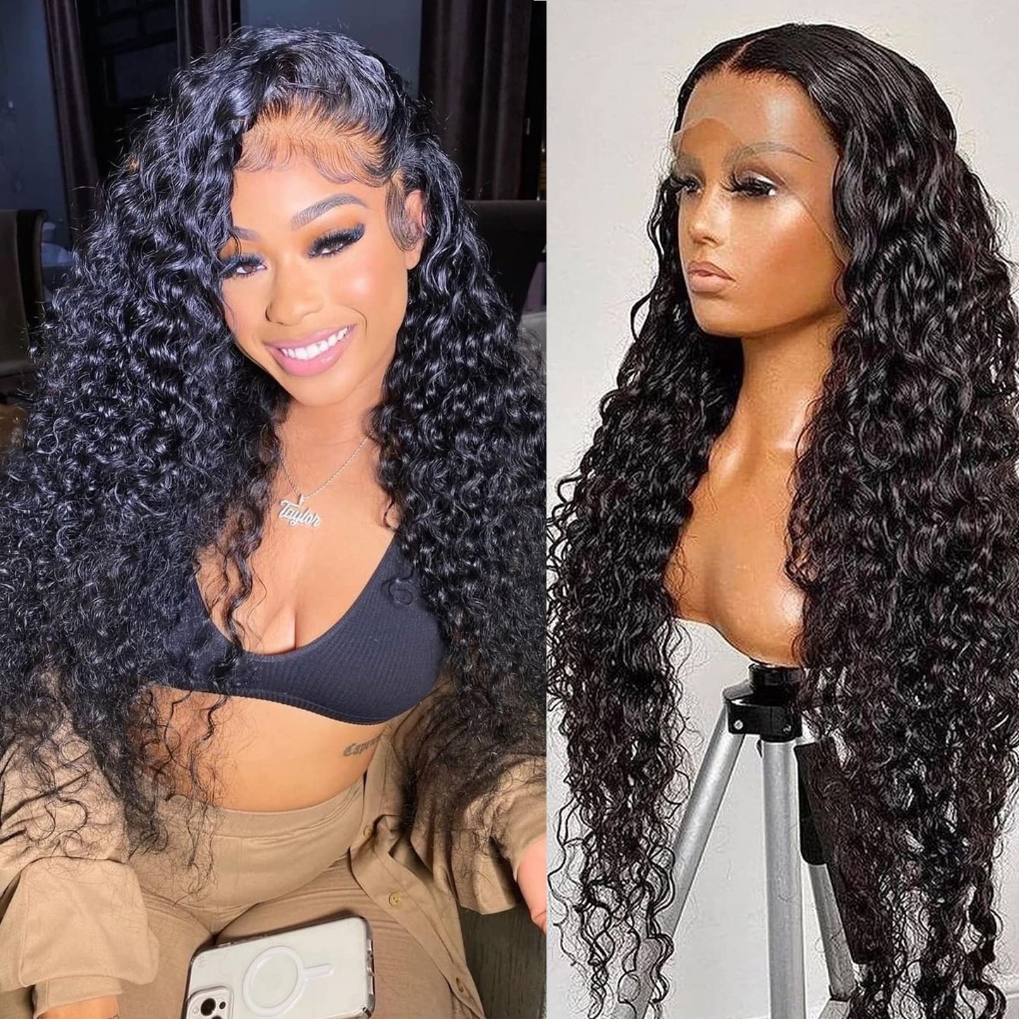 SNJON 13x6 HD Transparent Lace Front Wigs Human Hair 180 Density Curly Lace Front Wigs Water Wave Wigs for Women Wet and Wavy Human Hair Wig Pre