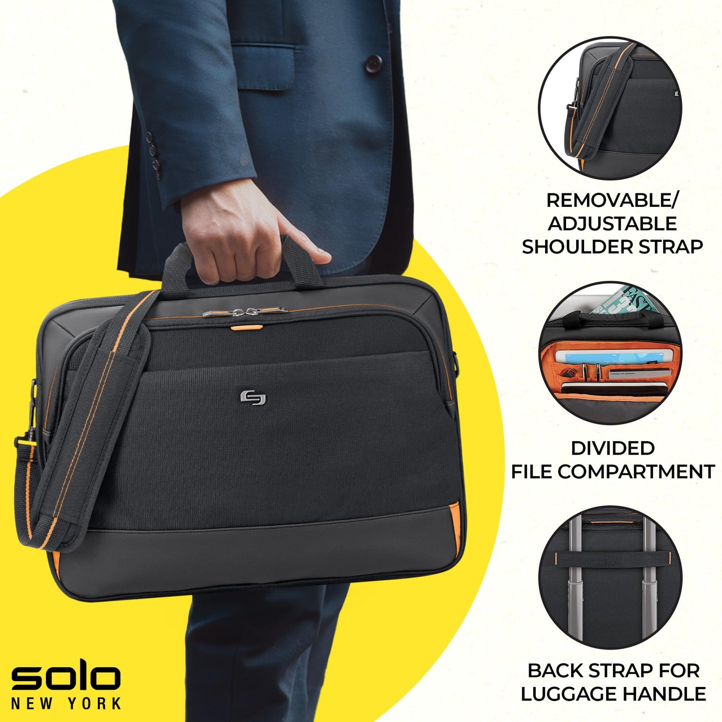 Solo New York Briefcase - Laptop Carrying Bag for Women & Men, Brief for Travel & Work, Internal Tablet Pocket, Adjustable Shoulder Strap, Fits 17.3"