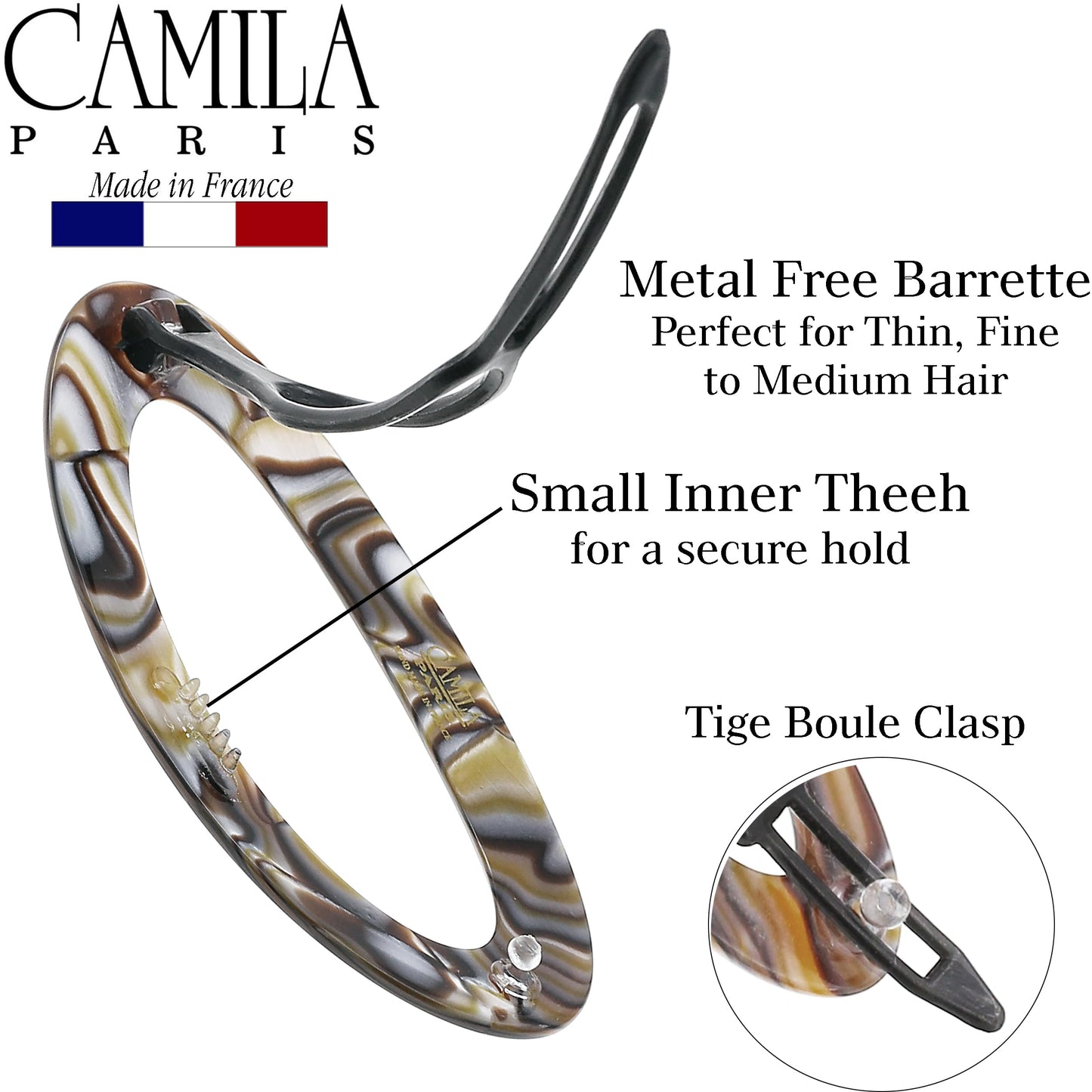 Camila Paris CP3367 French Hair Barrette Clip for Women, Handmade, Onyx, Side Slide-in Metal-Free Closure Strong Hold Grip Hair Clips for Girls, No