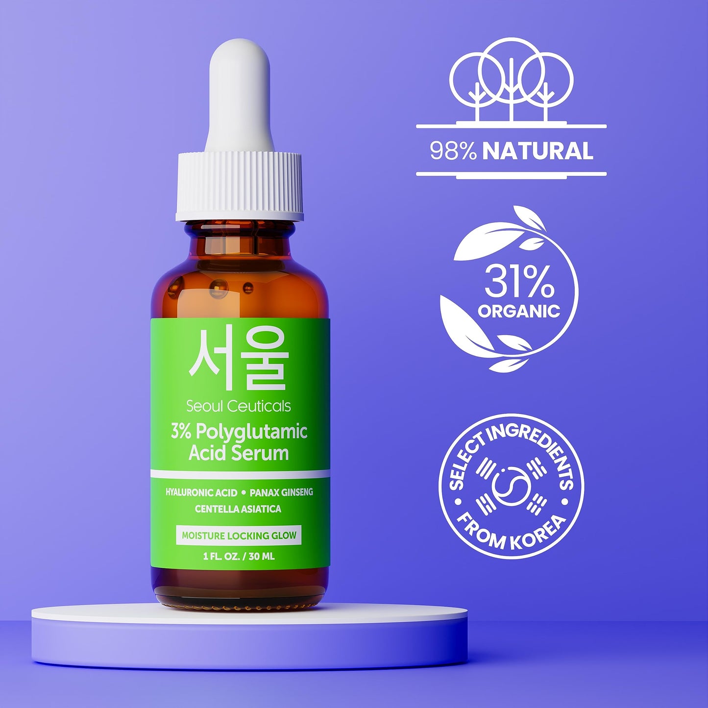 SeoulCeuticals Organic Polyglutamic Acid Serum - Korean Skin Care + Hyaluronic Acid + Centella Asiatica - K Beauty Anti Aging - Healthy Glowing Skin