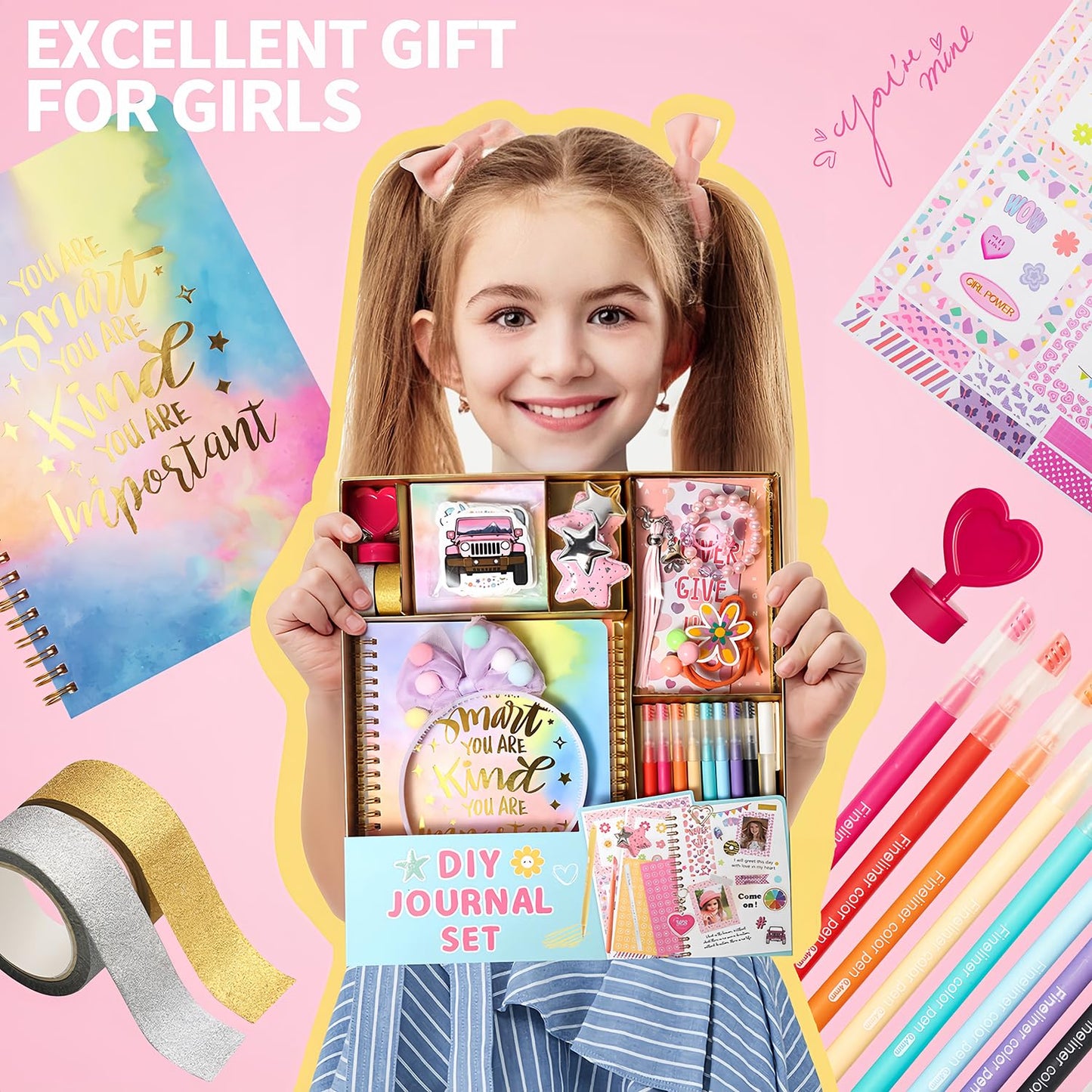 Girls DIY Diary 54-Pc Set – Stationery & Craft Kit with Stickers, Daily Supplies, Fun Gift for Ages 6–13, Birthday or Holiday Present