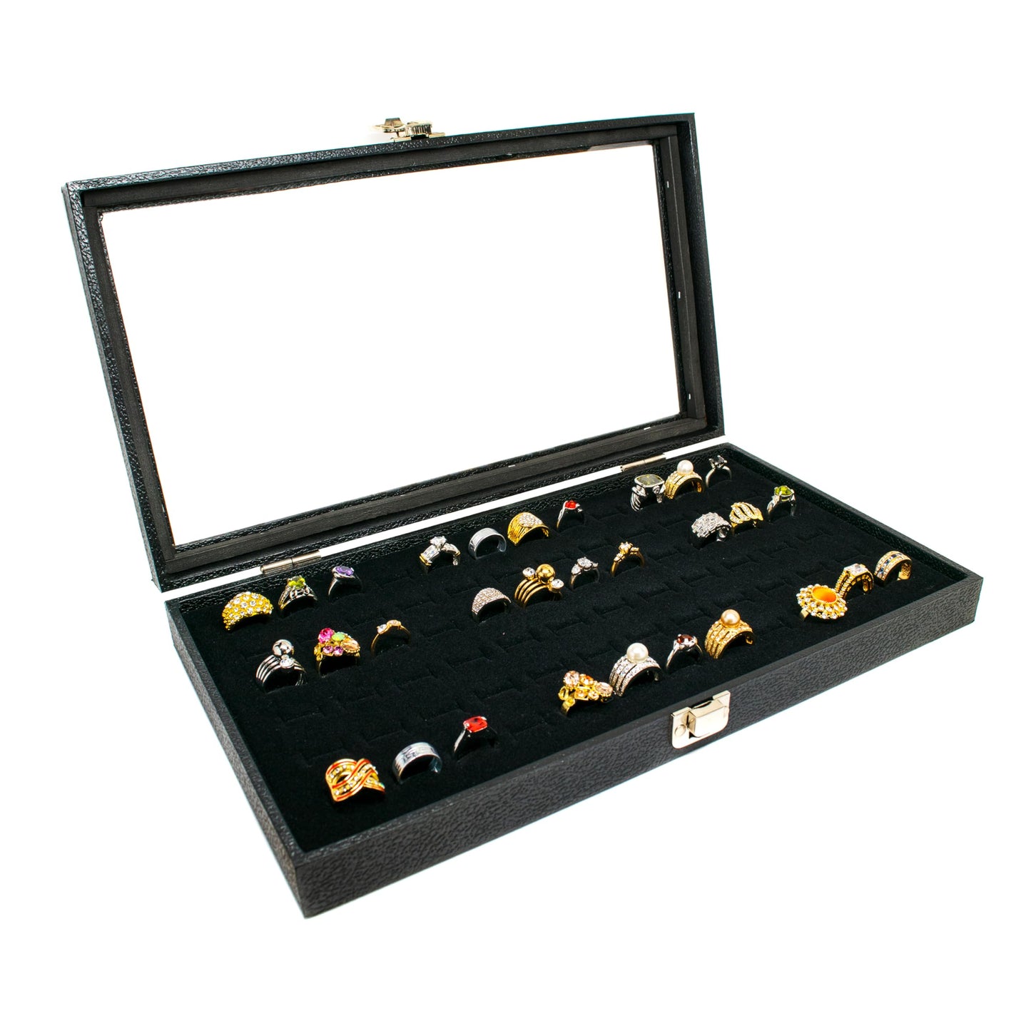 Novel Box Ring Display Glass Case Black 14.75x8.25x2.1 Inches with 72-Slot Black Ring Foam Insert - Travel Ring Case with Metal Clasp - Jewelry Box…