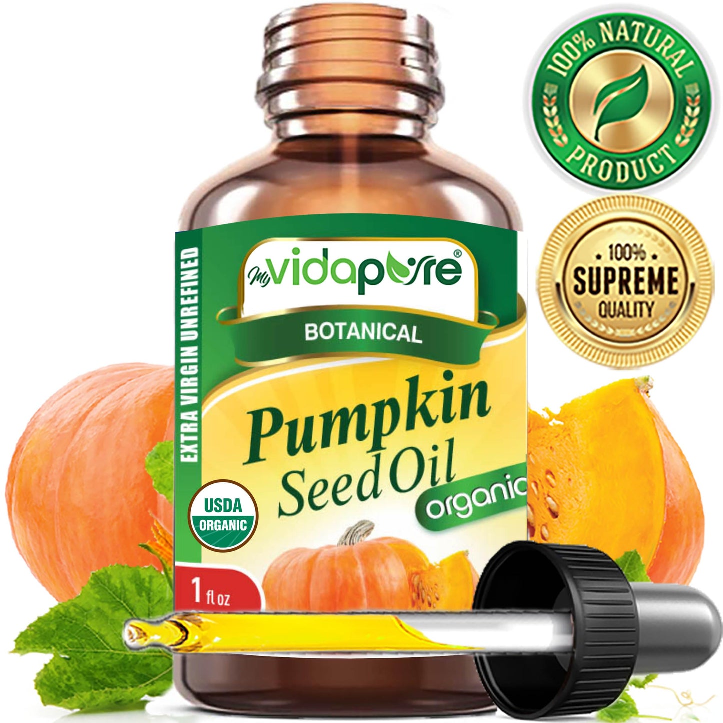 MYVIDAPURE Organic PUMPKIN SEED OIL Certified Organic WILD GROWTH RAW Pure EXTRA VIRGIN UNREFINED for Skin, Face, Body, Hair and Lip Care (1 Fl Oz)