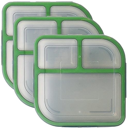 MyGo Container Large To-Go 3-Compartment Food Containers, Pack Of 3, 9-3/8" X 9-3/8" X 2-1/2", Reusable, Microwave Safe, NSF Certified, Smoke/Green