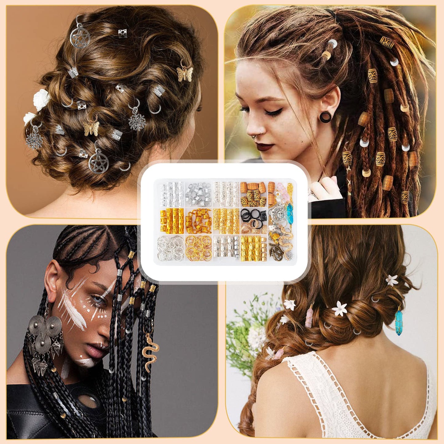 200pcs Hair Beads Jewelry, Dreadlocks Gem Crystal Charms, Metal Coils Rings, Gold And Silver Pendants,Braid Cuffs,Clips,Loc Tube Bead Braid