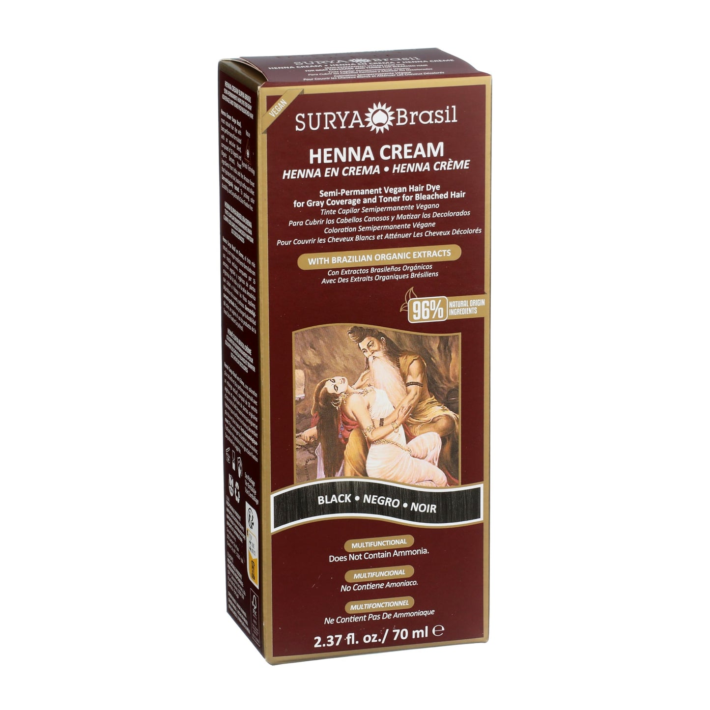 Surya Brasil Henna Cream Black - 96% Natural Ingredients, Vegan, Cruelty-Free, Eco-Friendly, Semi-Permanent Hair Color, Deep Hydration & Shine, 2.37