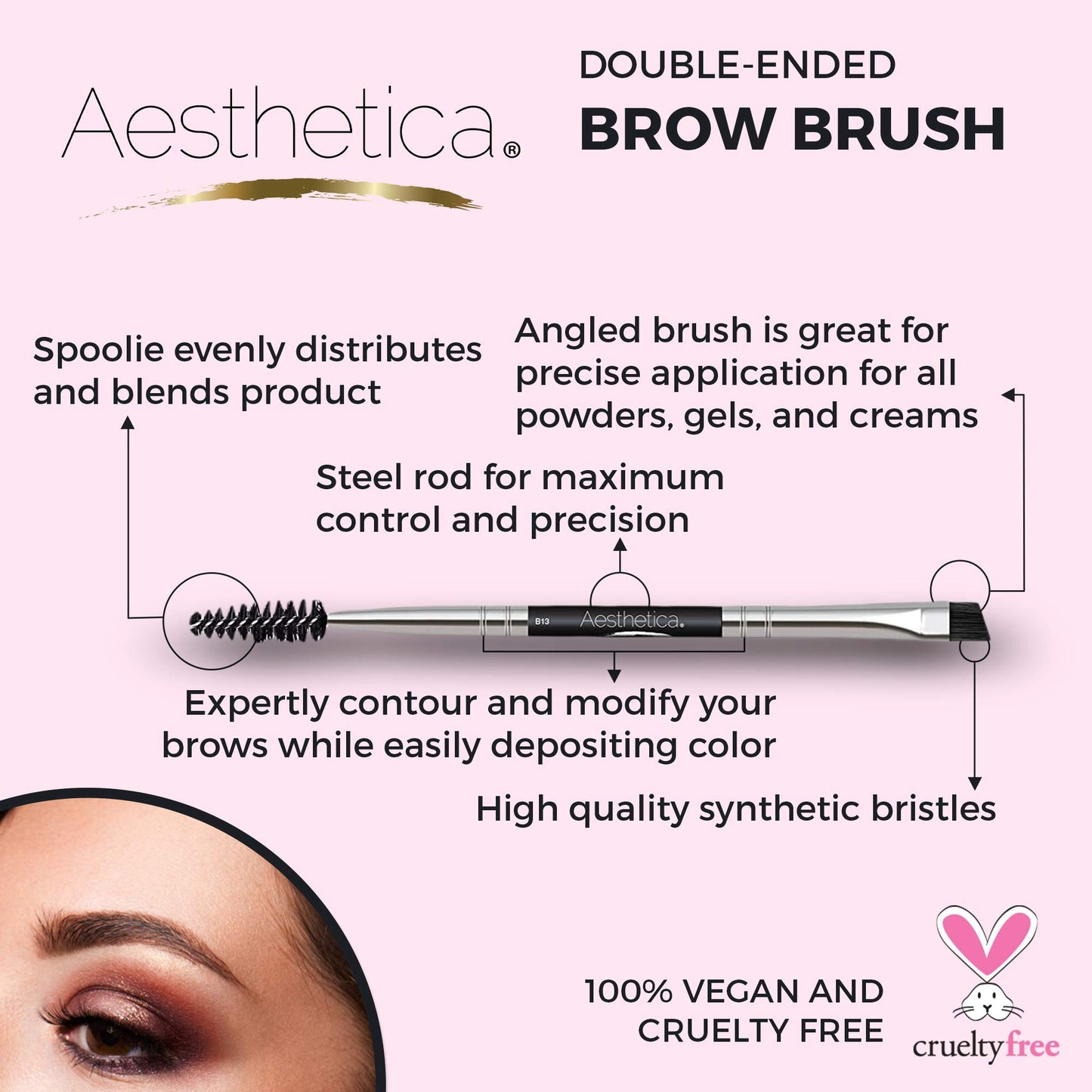 Aesthetica Pro Series Double Ended Eyebrow Brush & Spoolie - Angled Brow Brush for Precision Application & Blending of Eye Brow Powders, Waxes & Gels