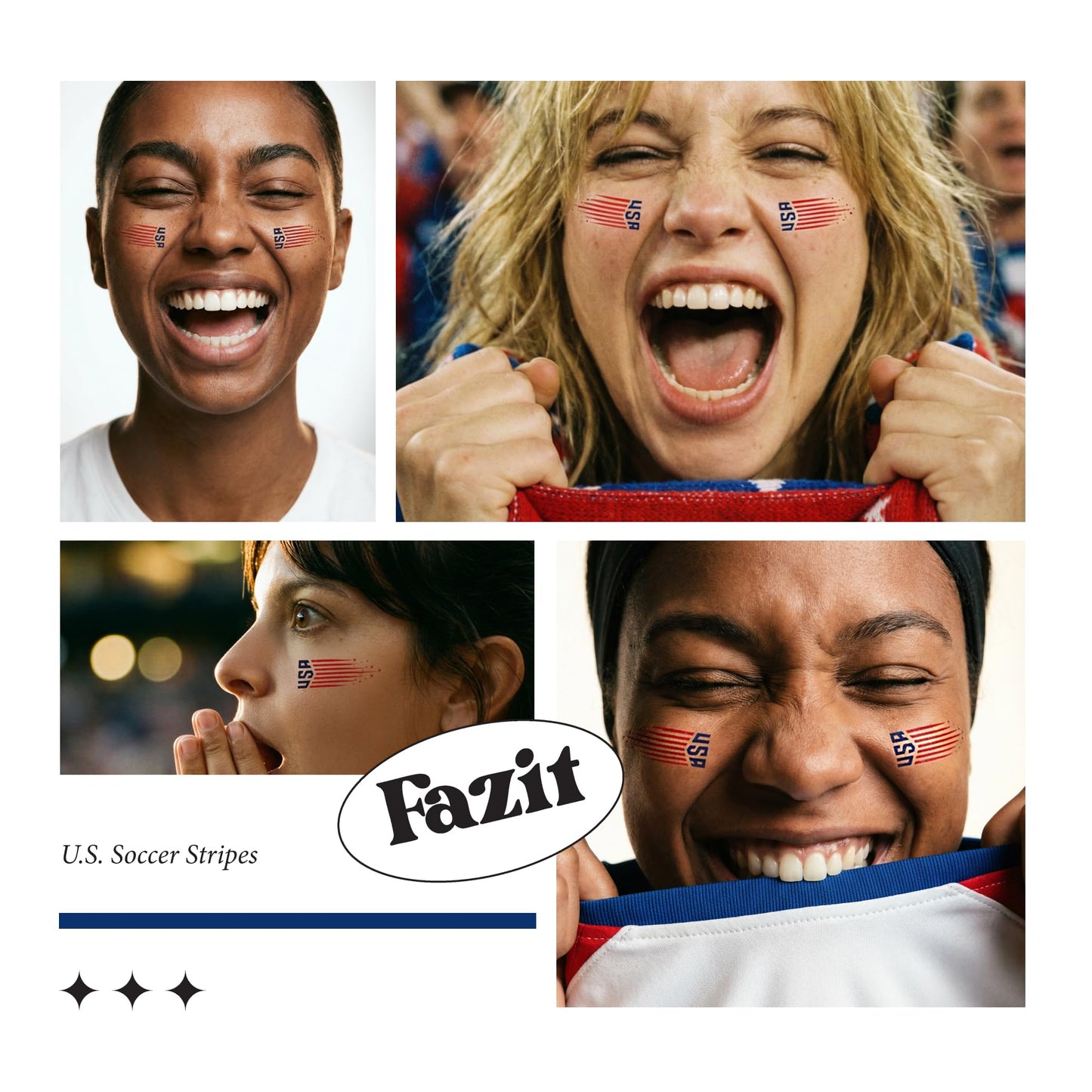Fazit US Soccer Stripes - Red, Blue & Silver Glitter Makeup Patches - Waterproof & Sweat-proof Face Stickers - Long-Lasting Game Day Glam, USA Spirit