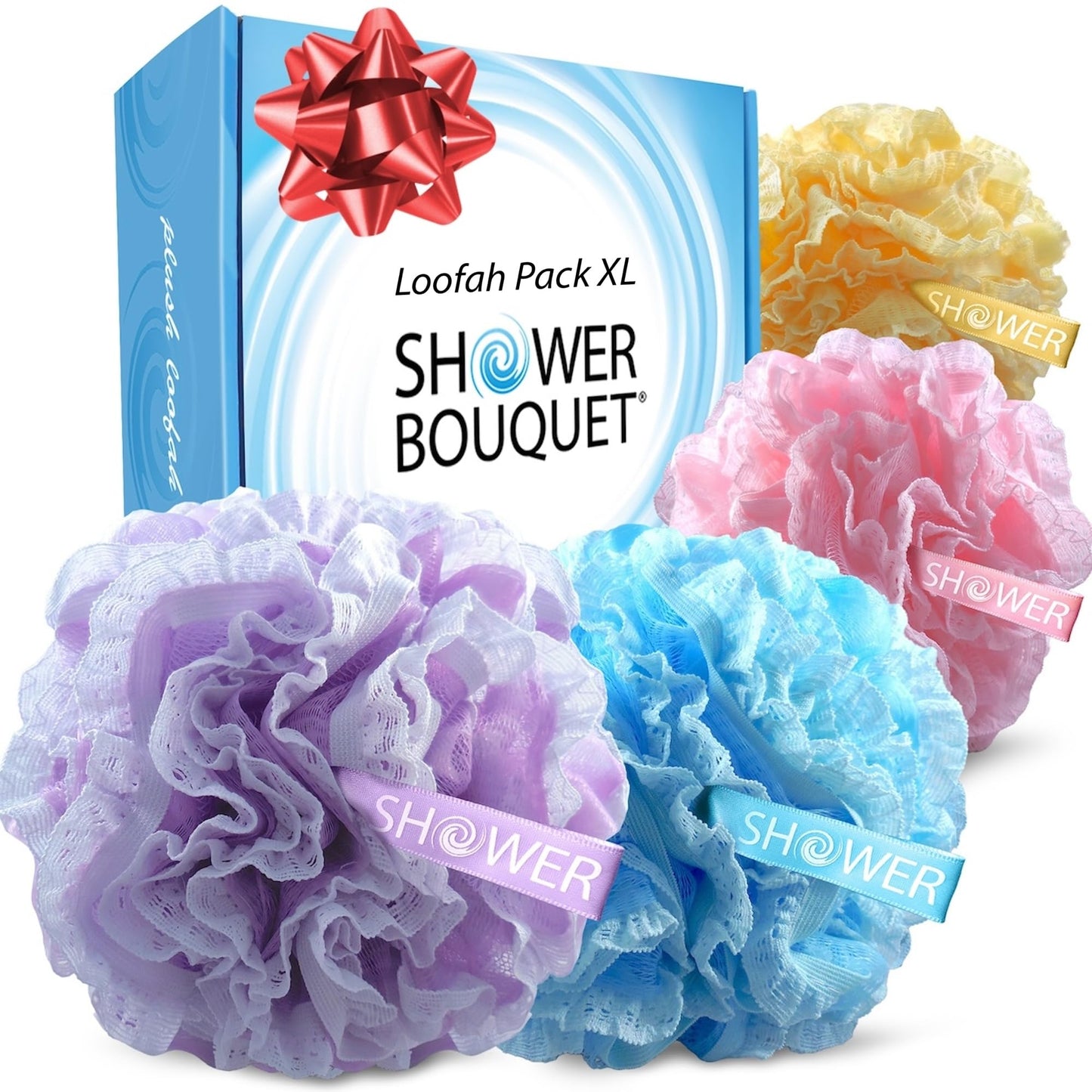 Loofah-Bath-Sponge Lace-Mesh-Set // 2-Scrubs-in-1 by Shower Bouquet/Large Full 60g Pouf (4 Pack Spa Colors) Body Luffa Loofa Loufa Puff - Exfoliate