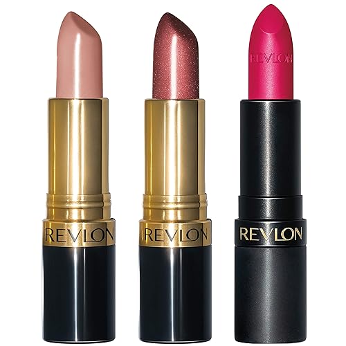 Revlon Super Lustrous 3-Piece Lipstick Gift Set, High Impact, Multi-Finish in Cream, Pearl & Matte, 755 Bare It All (Cream), 610 Gold Pearl Plum
