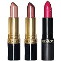 Revlon Super Lustrous 3-Piece Lipstick Gift Set, High Impact, Multi-Finish in Cream, Pearl & Matte, 755 Bare It All (Cream), 610 Gold Pearl Plum