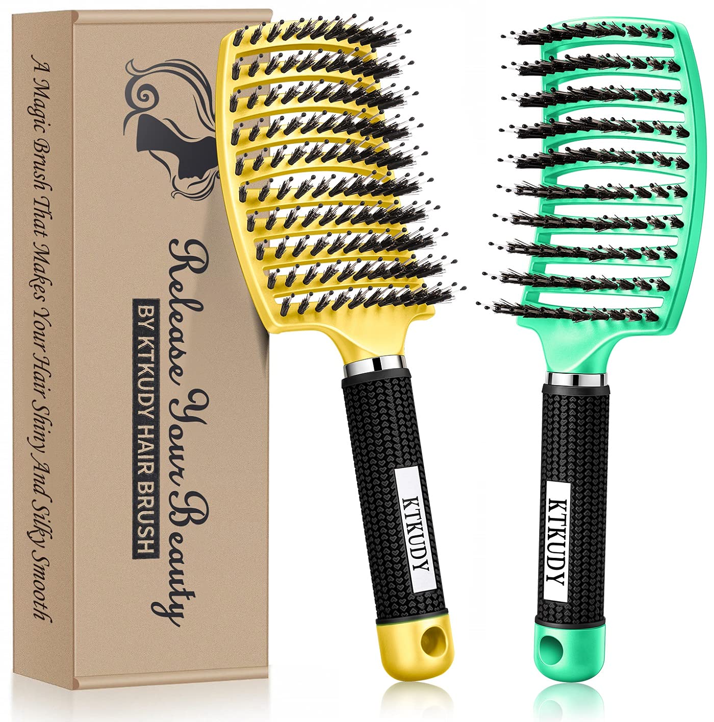 KTKUDY Detangling Brush Getting Knots Out without Pain - Boar Bristles HairBrush Make Hair Shiny & Healthier Vented Detangler Brush for Women Men Kids
