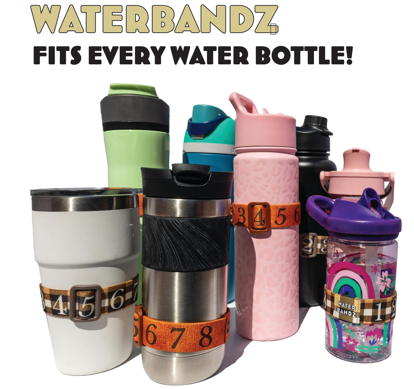 WaterBandz - Stay Hydrated: Elastic Fabric Bands Make your Daily Water Intake Simple and Fun! Universal size for Water Bottles, Cups, and Glasses