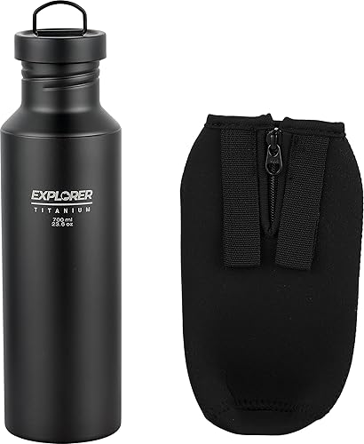 Explorer Bear Black Titanium Camping Sports Water Bottle, 23.6 oz, with Carrying Pouch