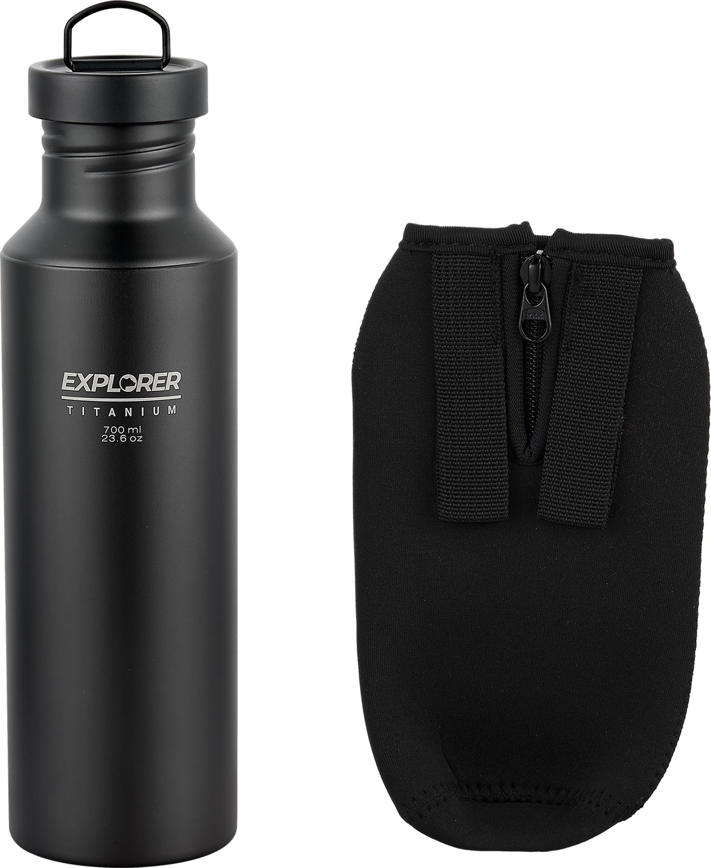 Explorer Bear Black Titanium Camping Sports Water Bottle, 23.6 oz, with Carrying Pouch