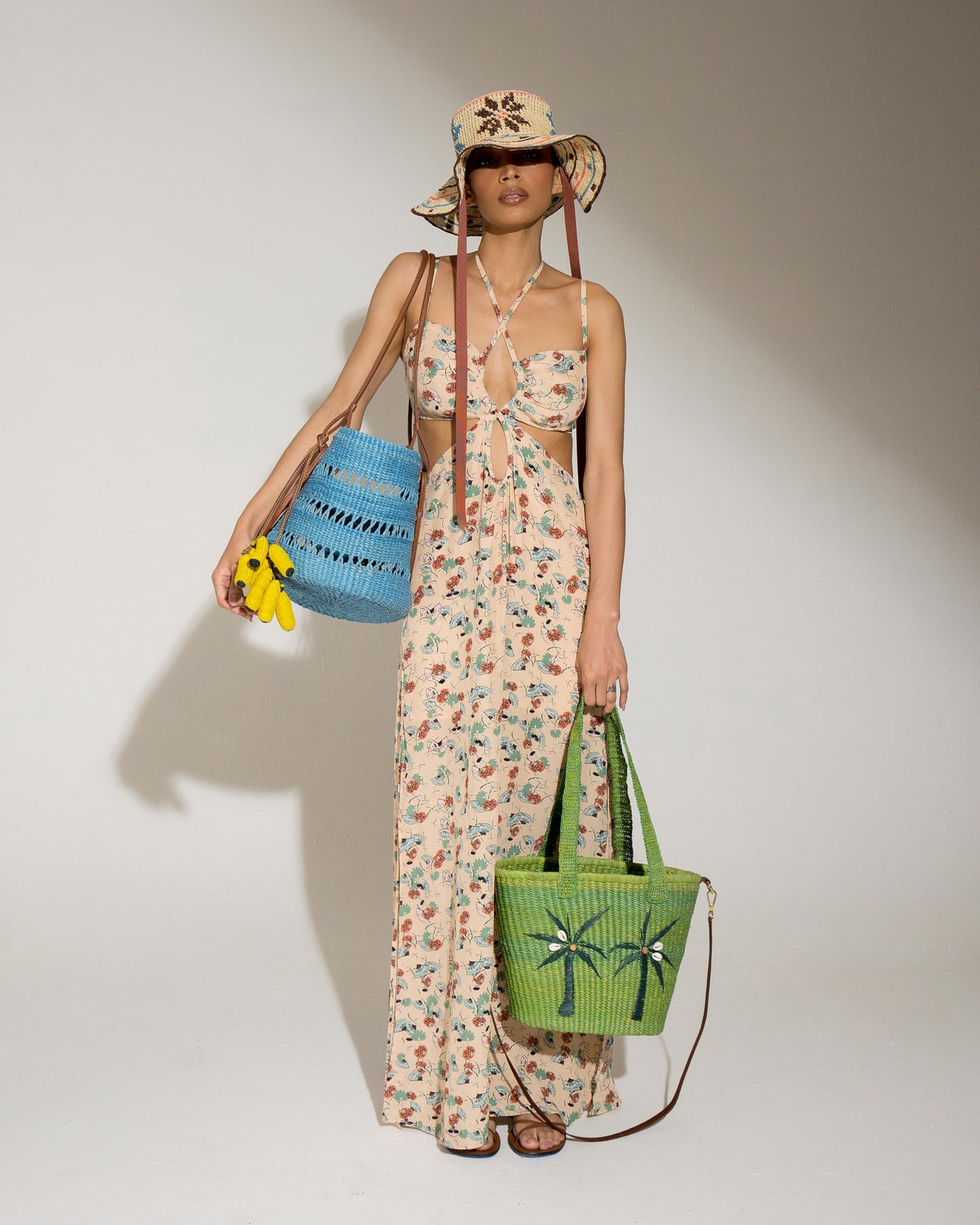 Sensi Studio, Palmas Tote Bag, Olive Green Straw / Cognac Leather Strap