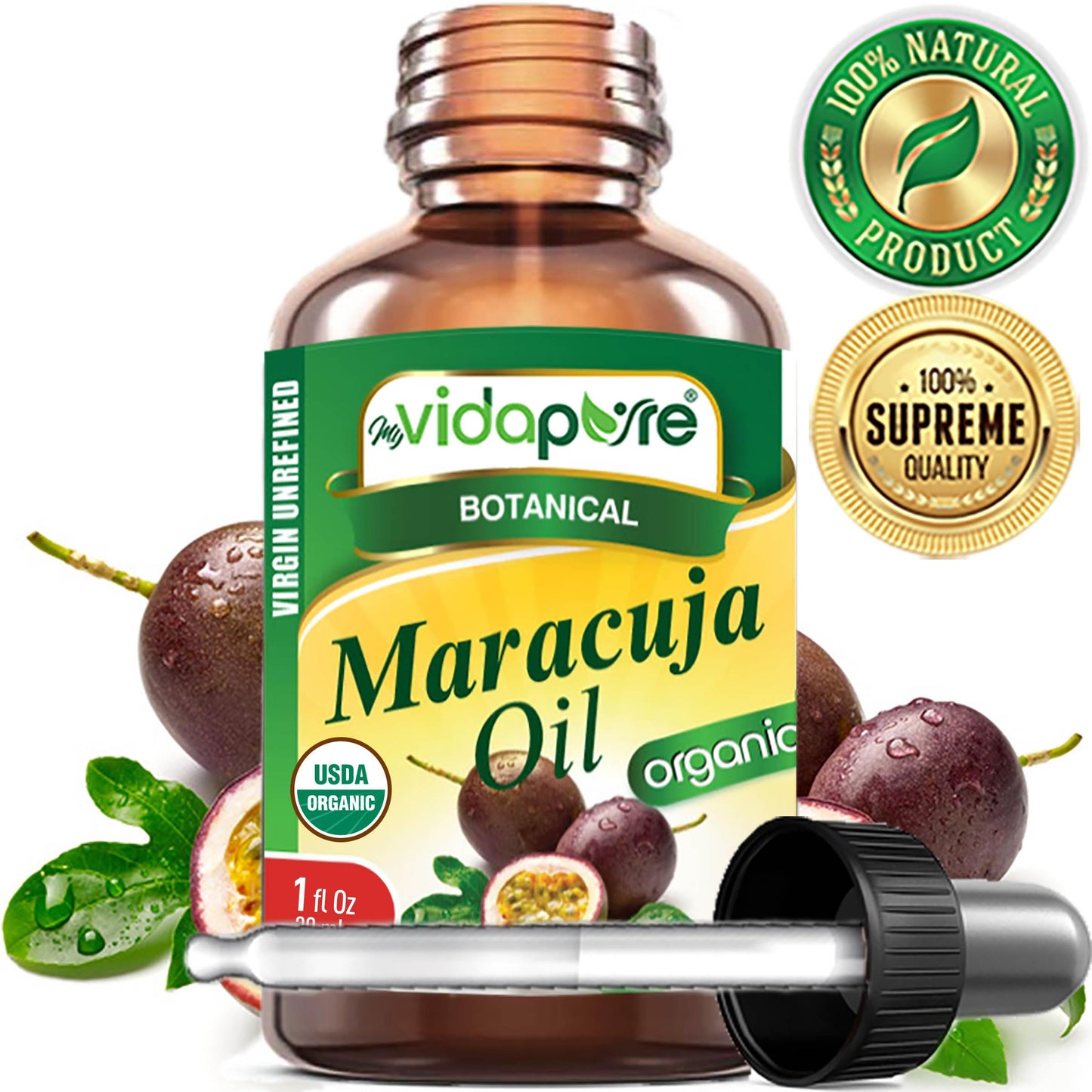 MYVIDAPURE Organic MARACUJA OIL Passion Fruit Certified Organic 100% Natural, Pure WILD GROWTH VIRGIN UNREFINED Brazilian for Skin, Face, Hair, Lip