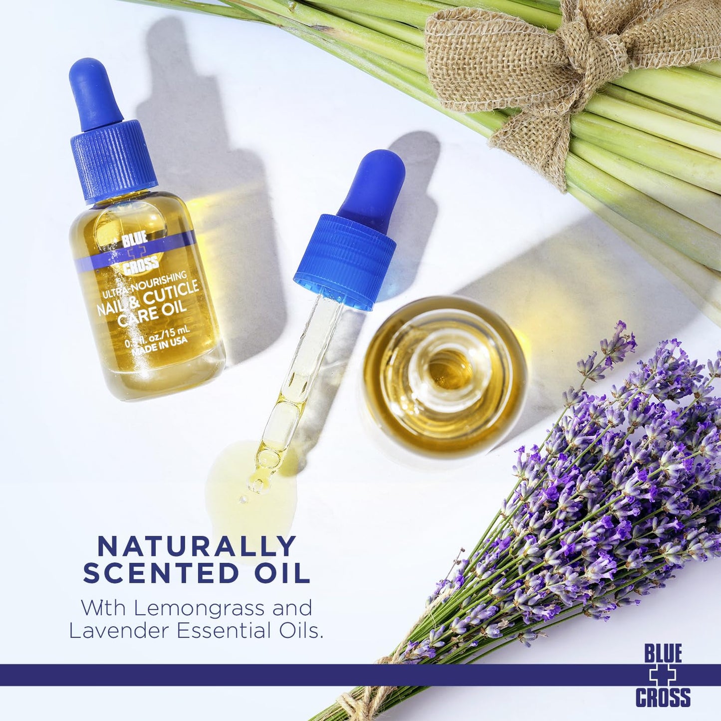 Blue Cross Nail & Cuticle Care Oil, Mineral Oil Free, Hydrating, Moisturizing, All Natural Professional Nail + Cuticle Care, Lemongrass/Lavender