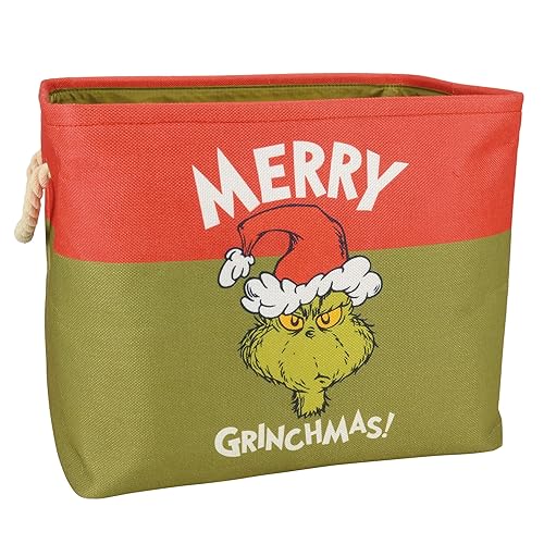 Department 56 Snowpinions Dr. Seuss Merry Grinchmas Gift Tote Storage Bin, 17 by 14 Inch, Multicolor