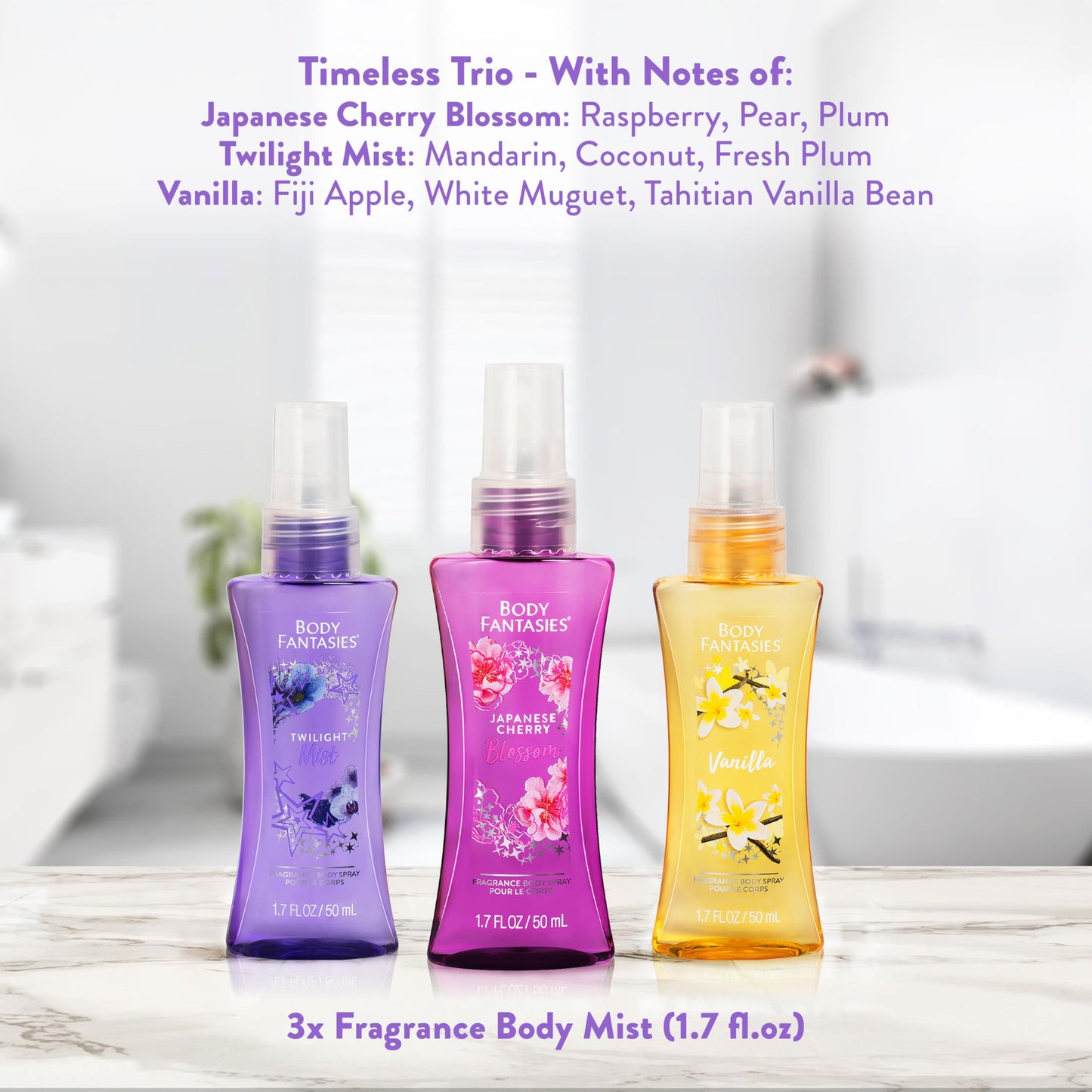 Body Fantasies Body Spray Holiday Gift Set for Her - 3 Piece Timeless Scents Sampler, Perfect for Stocking Stuffers