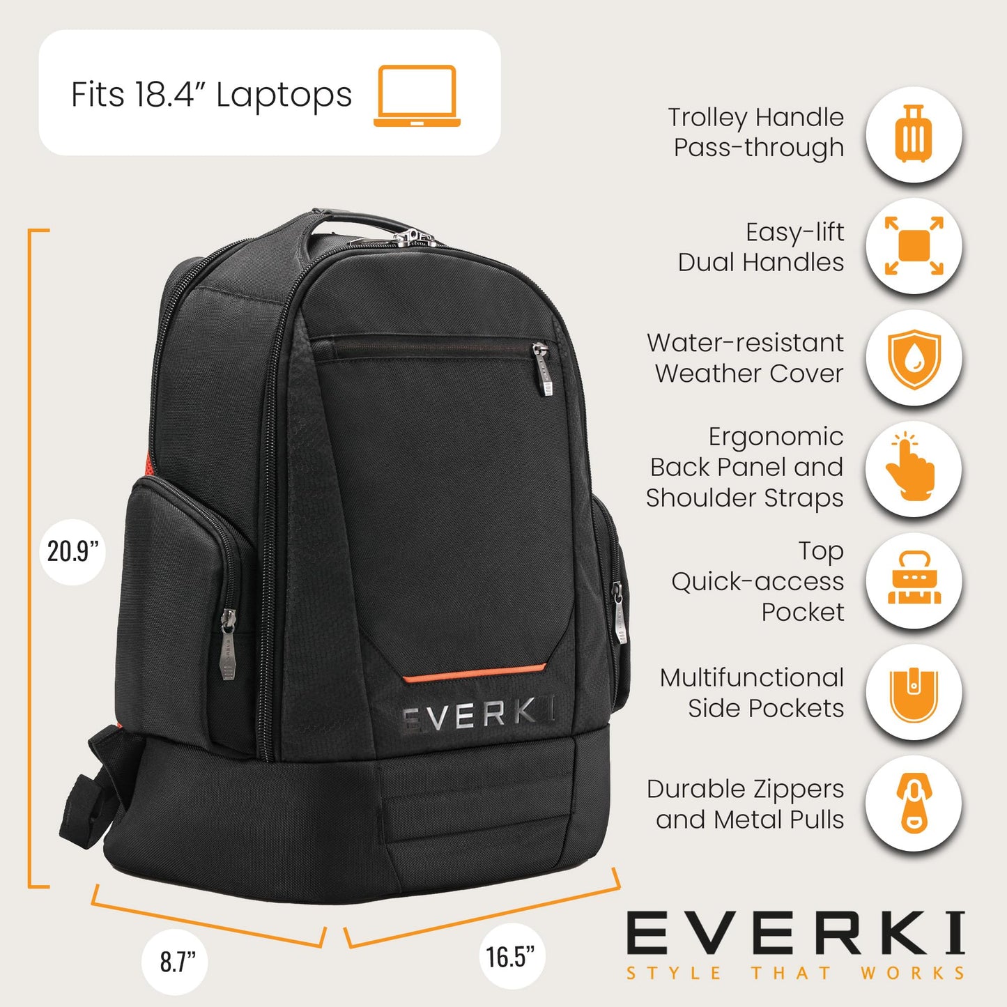 EVERKI ContemPRO 117 Laptop Backpack Fits up to 18.4” - Gaming, 42L Large Travel Backpack with Water-Resistant Rain Cover for Women & Men - Spacious Business Laptop Bag - Black (EKP117B)