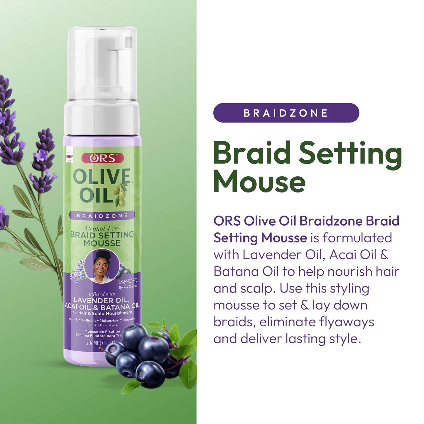 ORS Olive Oil Braidzone Braid Setting Mousse with Lavender, Acai & Batana Oil 7 Ounces (Pack of 2)