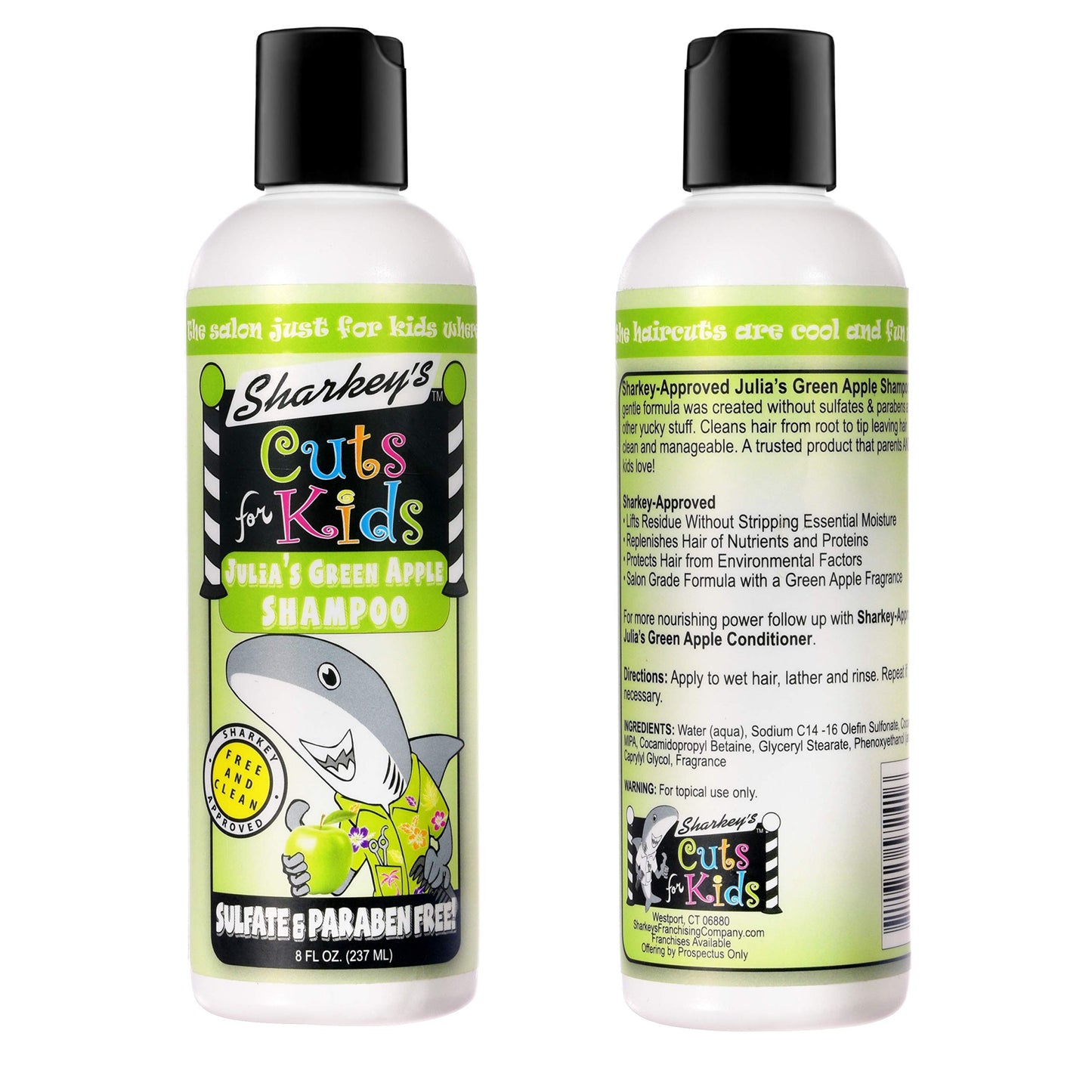 Sharkey's Green Apple Scented Kids Shampoo and Conditioner with Baby Shark Plush Backpack Clip or Lunchbox Clip - Sulfate Free and Paraben Free!