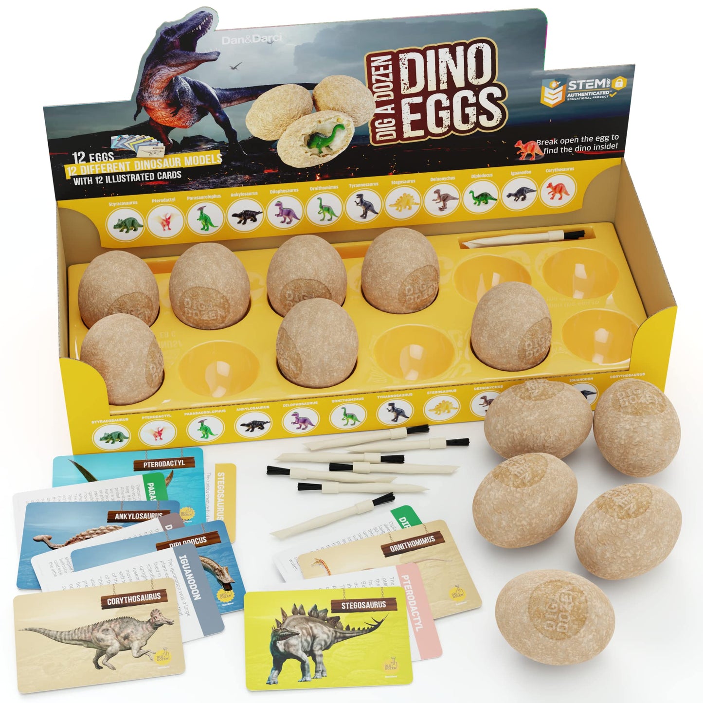 Dan&Darci Dig a Dozen Dino Egg Kit – Dinosaur Toys for Kids Ages 3-12, 12 Surprise Dino Eggs, STEM Science Activity & Party Gift