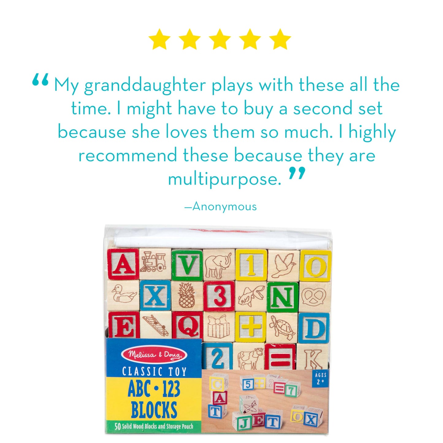 Melissa & Doug Deluxe Wooden ABC/123 1-Inch Blocks Set with Storage Pouch (50 pcs)