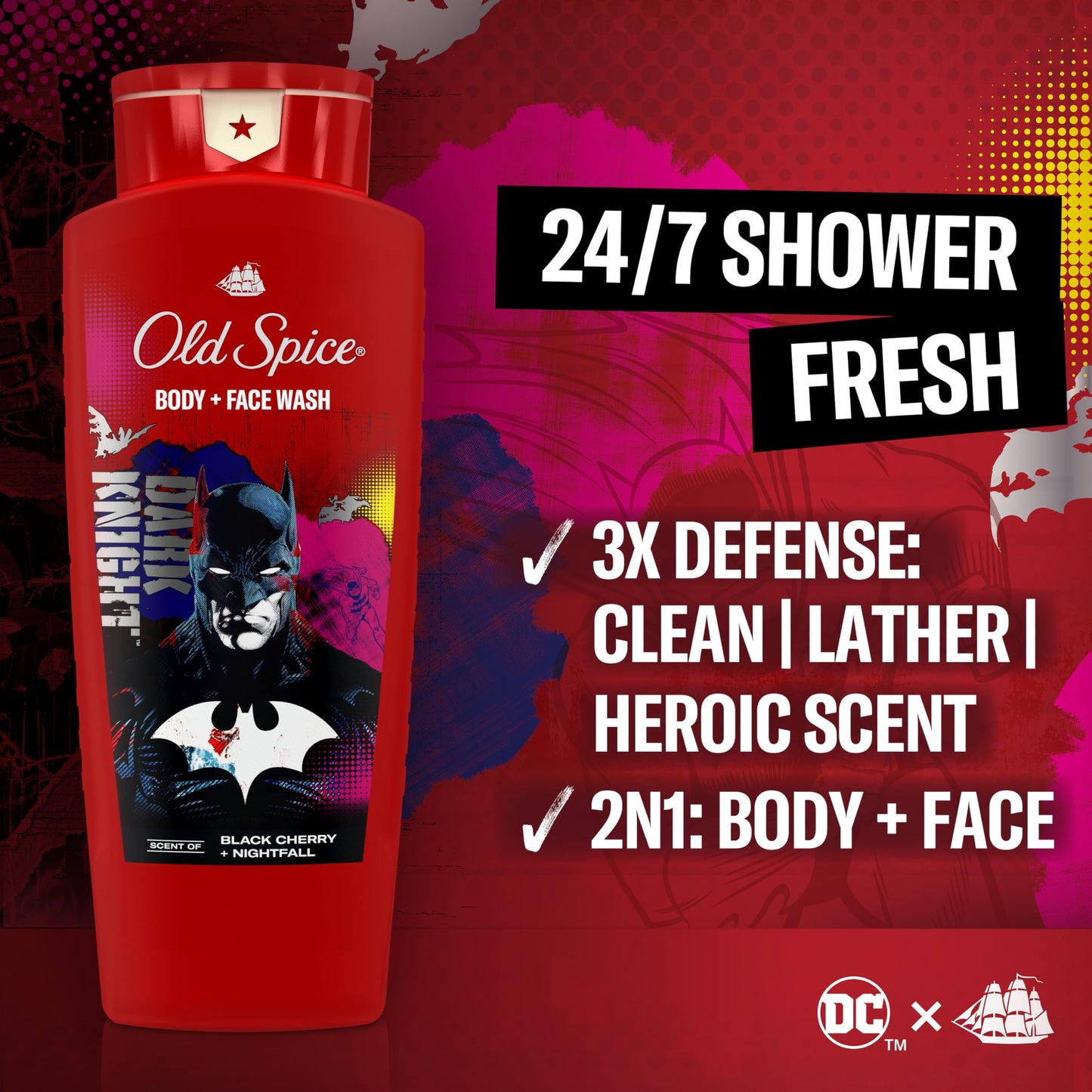 Old Spice Body Wash for Men, Batman: Dark Night, 3X Defense, 24/7 Shower Fresh with Lasting Scent, Cleansing 2-in-1 Body & Face Wash, Smell Like a Beauty & Personal Care Old Spice