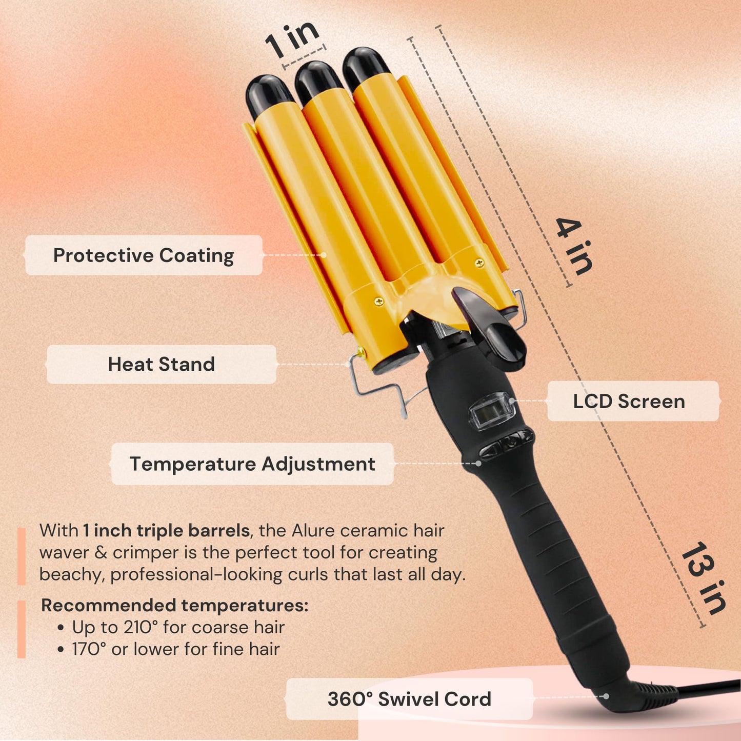 Alure Three Barrel Curling Iron Wand with LCD Temperature Display - 1 Inch Ceramic Tourmaline Triple Barrels, Dual Voltage Crimping Tool, Best Hair