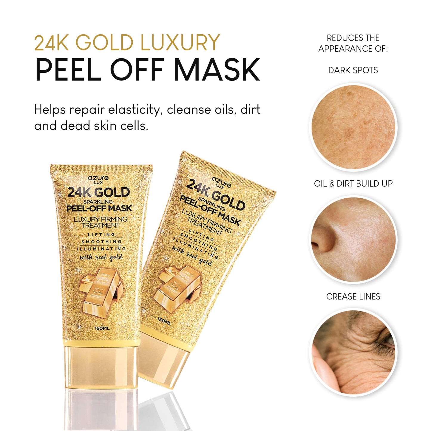 AZURE 24K Gold Firming Peel Off Face Mask- Anti Aging, Lifting, Illuminating & Revitalizing - Removes Blackheads, Dirt & Oils - With Hyaluronic Acid
