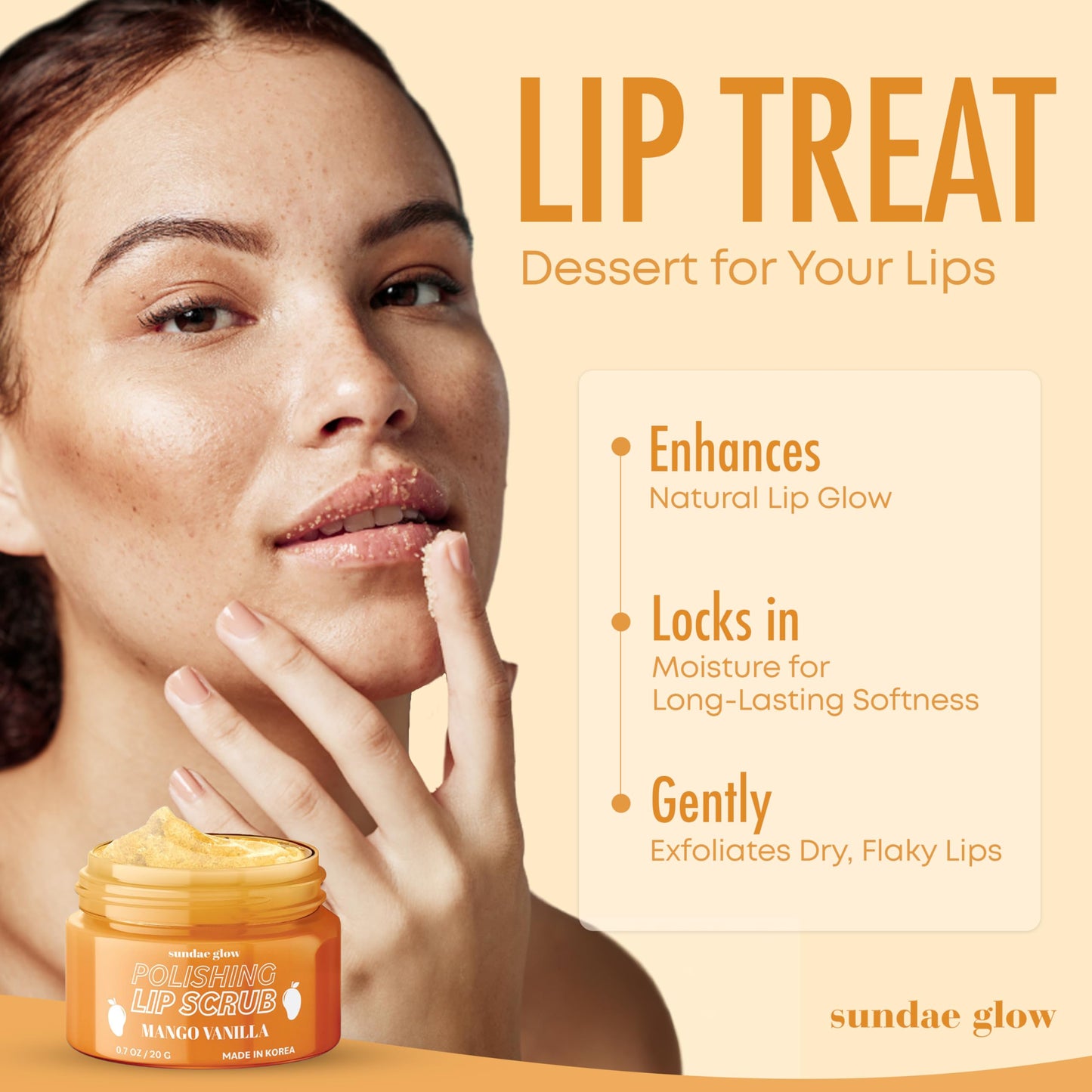 Sundae Glow Lip Scrub with Mango Vanilla - Exfoliates, Hydrates & Repairs - Smooths, Softens & Revitalizes Dry Lips - Dermatologist Tested, Korean