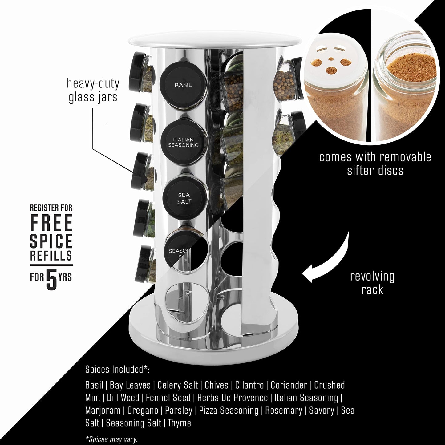 Kamenstein 20 Jar Revolving Countertop Spice Rack with Spices Included, FREE Spice Refills for 5Years, Polished Stainless Steel with Black Caps, 30020