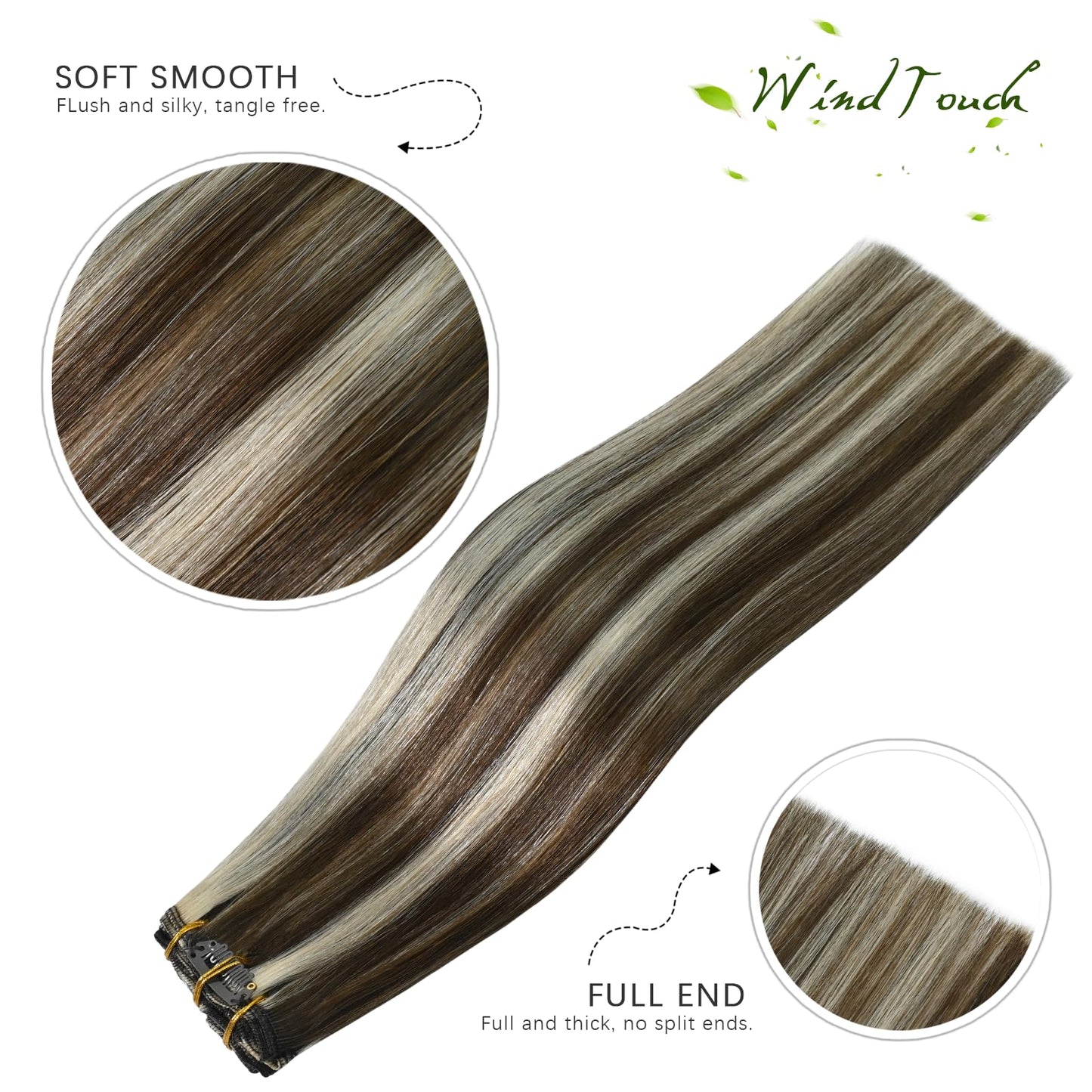 WindTouch Clip in Hair Extensions Medium Brown to Blonde Highlights For Women 20Inch Soft Human Remy Hair Extensions 9A Grade #4P613 75g 7PCS
