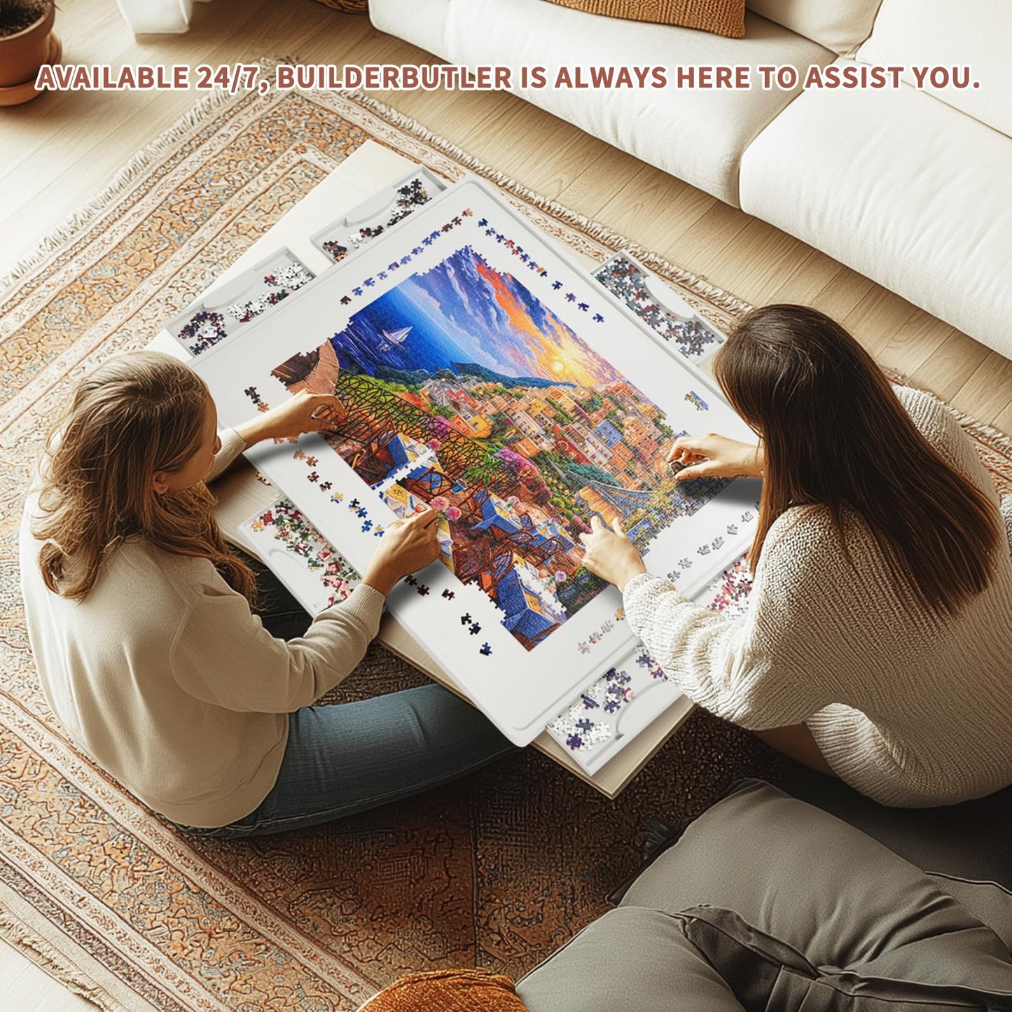 BuilderButler 1500 Piece Rotating Puzzle Board – 6 Sliding Drawers, Cover & 360° Lazy Susan Spin, 34.25"x26.38" Portable Puzzle Table