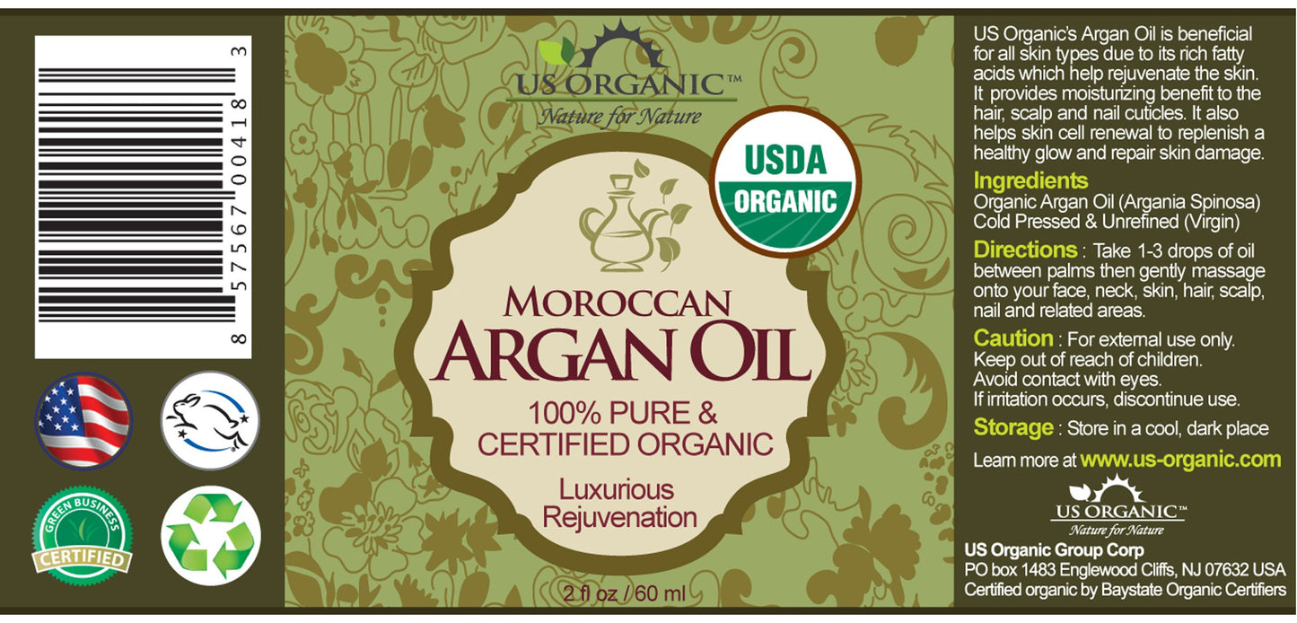 US Organic Moroccan Argan Oil, USDA Certified Organic,100% Pure & Natural, Cold Pressed Virgin, Unrefined, 2 Oz in Amber Glass Bottle, for Hair Beauty and Personal Care US Organic