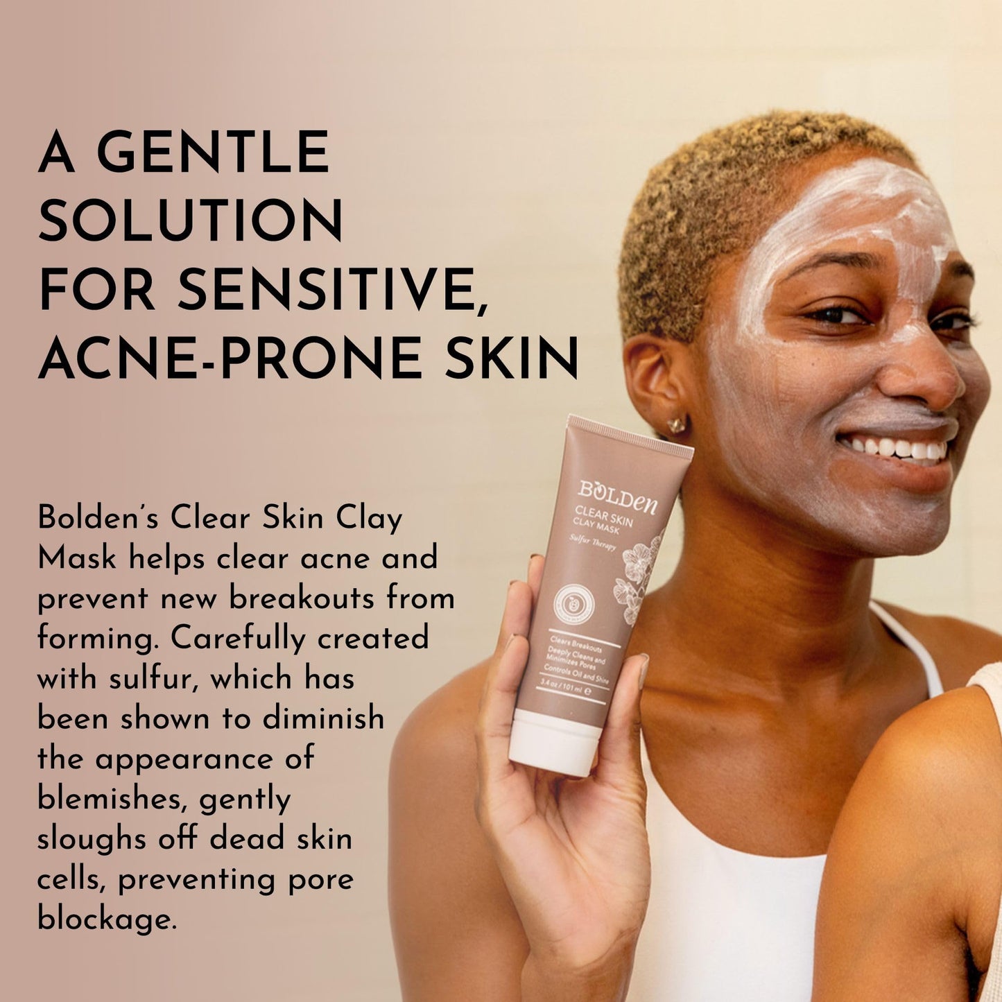 BOLDEN Clear Skin Clay Mask | Made with Sulfur for Deep Pore Cleansing & Preventing Breakouts | Pore Minimizer and Oil Reducer for Sensitive Skin |