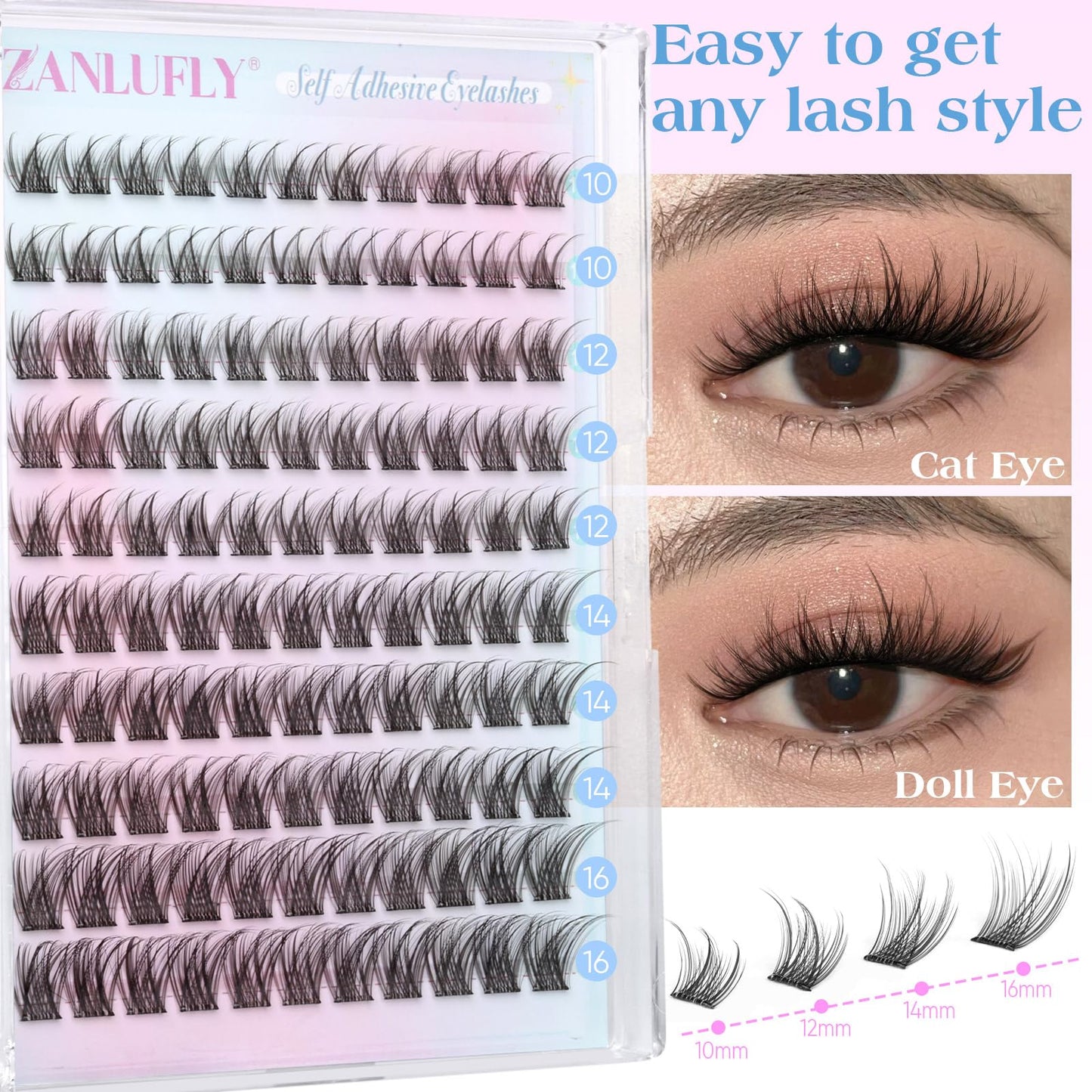 Self Adhesive Eyelashes Natural Self Adhesive Lash Clusters Pre glued Eyelash Clusters zanlufly No Glue Needed Lashes Wispy C-curly Cluster Eyelash Beauty and Personal Care zanlufly