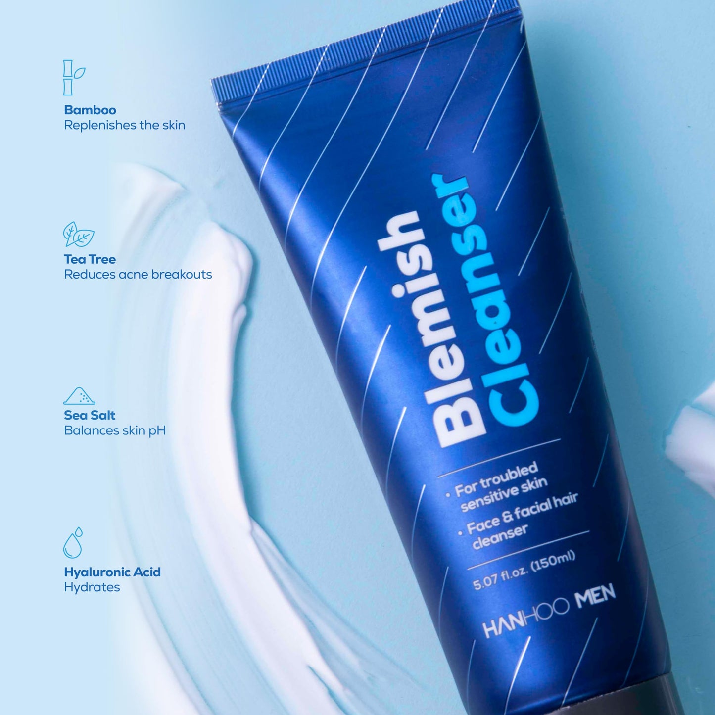 Hanhoo Men’s Blemish Cleanser, 5.07 Fl. Oz., with Bamboo, Sea Salt, and Hyaluronic Acid, Daily Facial Cleanser, Clears Away Dirt and Oil, Pre-Shave