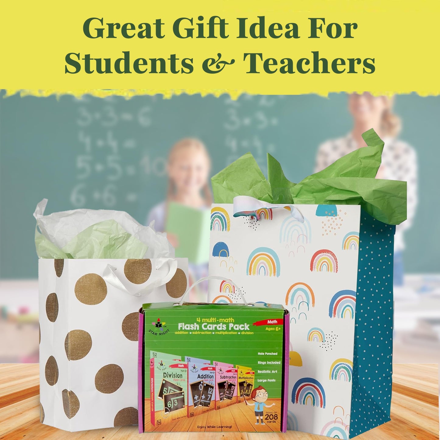 Star Right Math Flash Cards Set of 4 – Addition, Subtraction, Multiplication & Division with Rings, 208 Cards for Kids Ages 6+