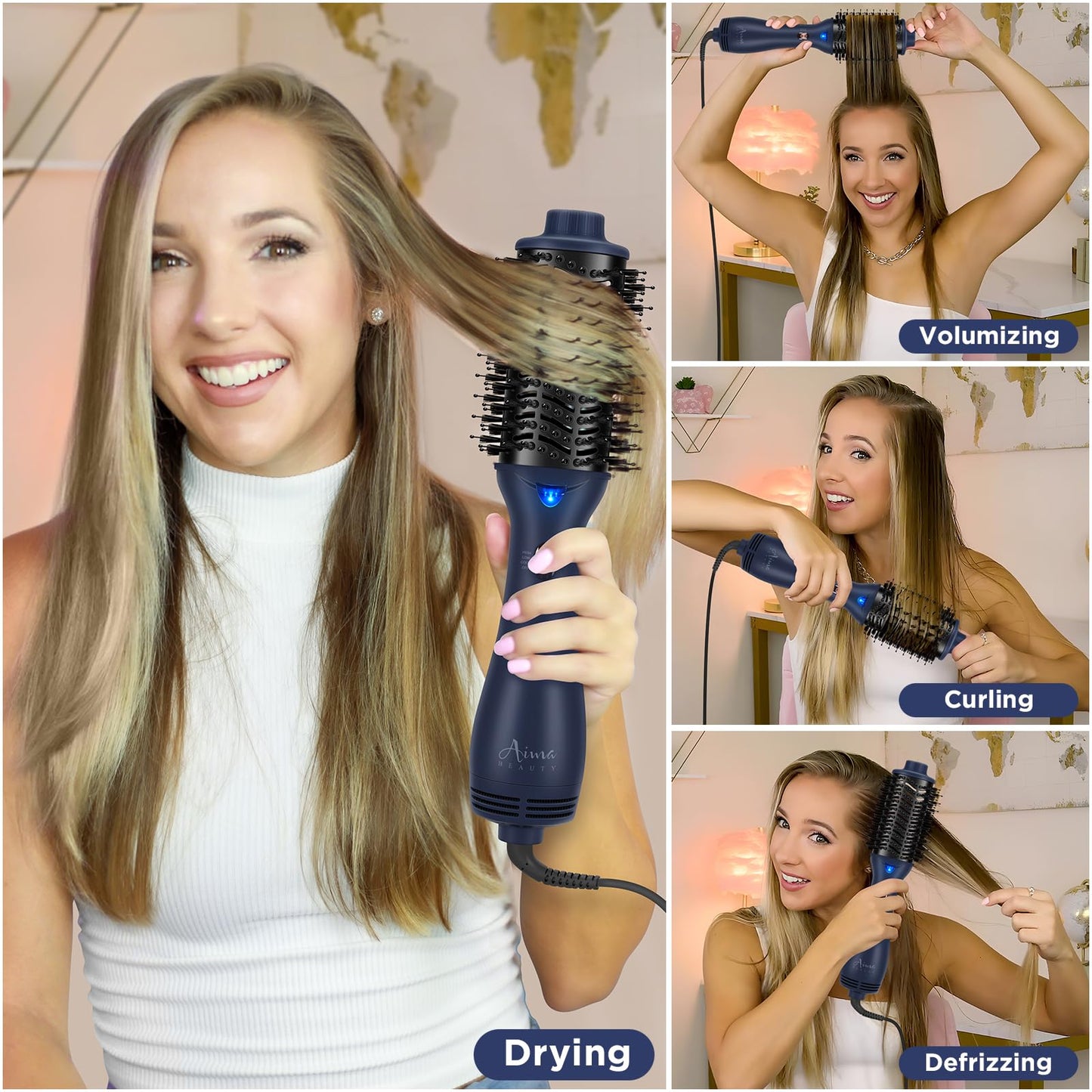 One Step Hair Dryer & Volumizing Brush, Aima Beauty Hair Styling Tool - Ceramic Straightener, Curler, Hot Air Styler & Ionic Salon Brush, Prussian