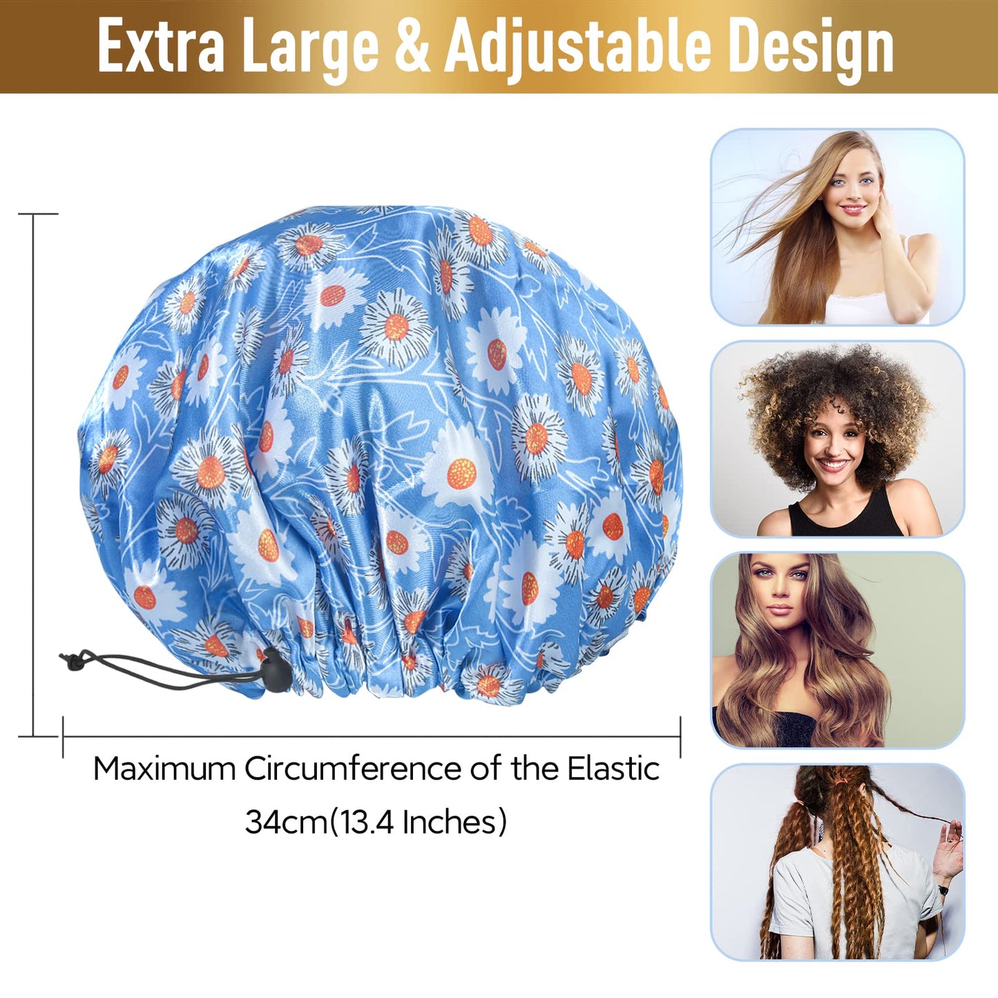 Reusable Shower Cap, Hair Cap, Oversized Waterproof Shower Caps Large Designed for all Hair Lengths with PEVA Lining & Elastic Band Stretch Shower Hat